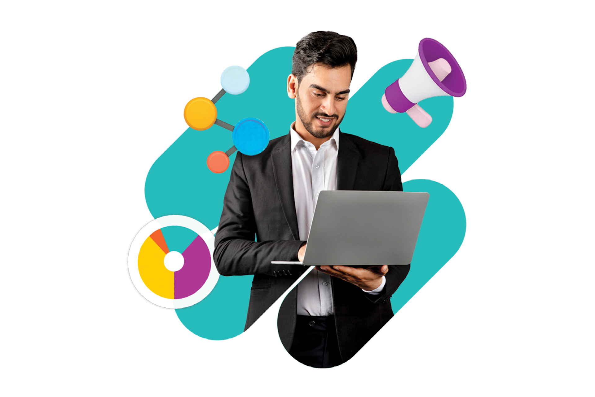 Zu sehen ist ein Mann im Business-Outfit mit Laptop, umgeben von Symbolen für Daten, Analyse und Kommunikation – als Visualisierung moderner, datenbasierter PR.