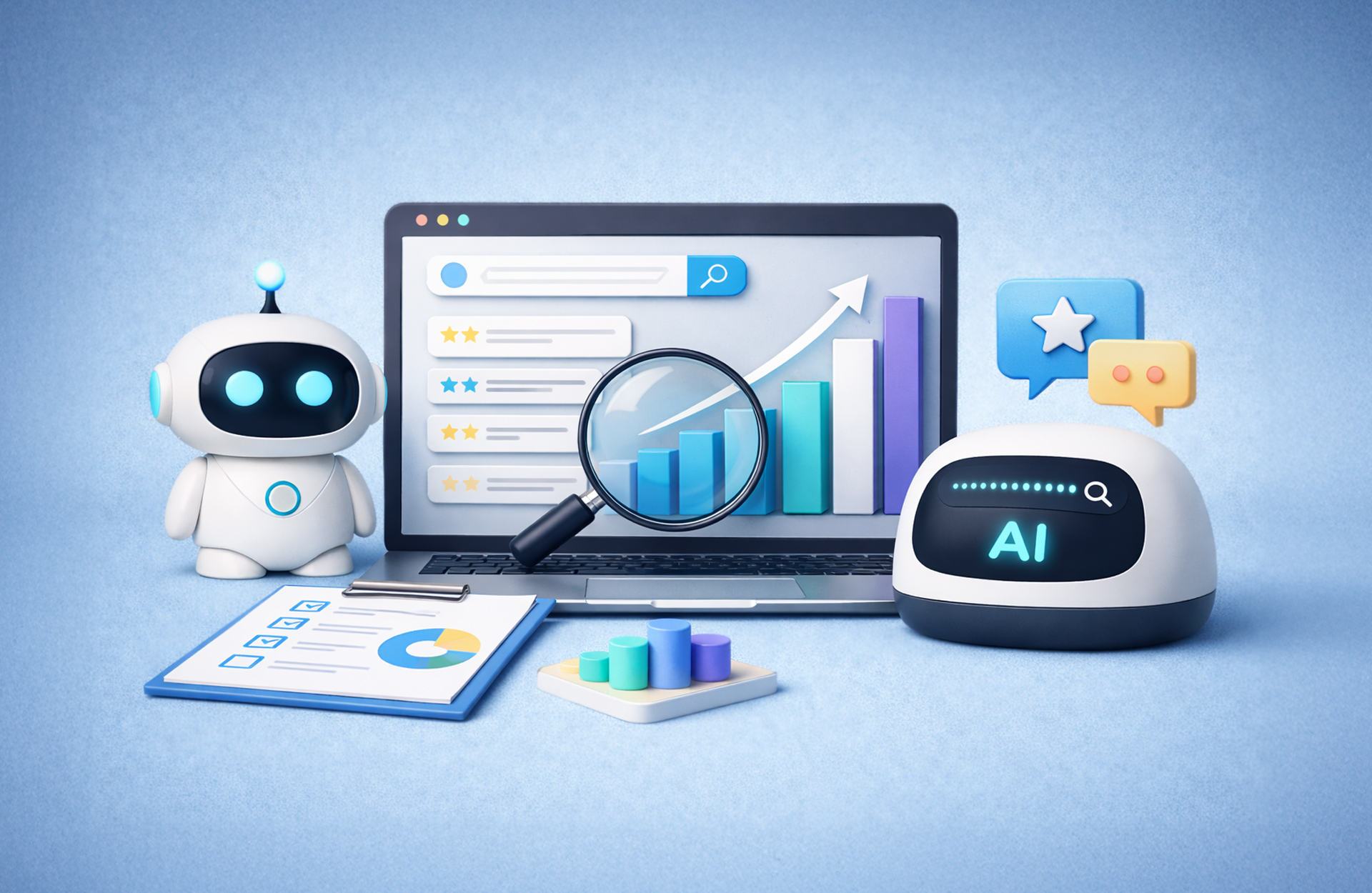A robot looking at PR metrics on a screen. 