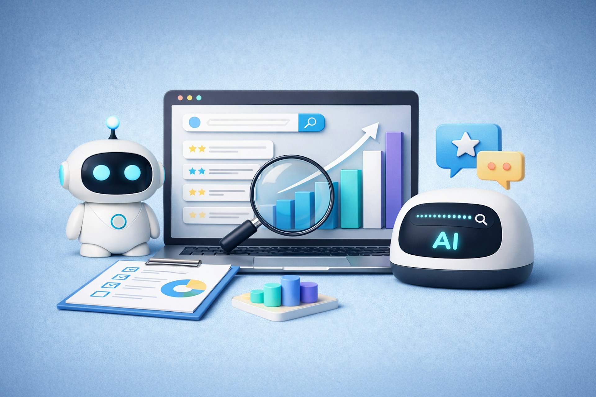 A robot looking at PR metrics on a screen.
