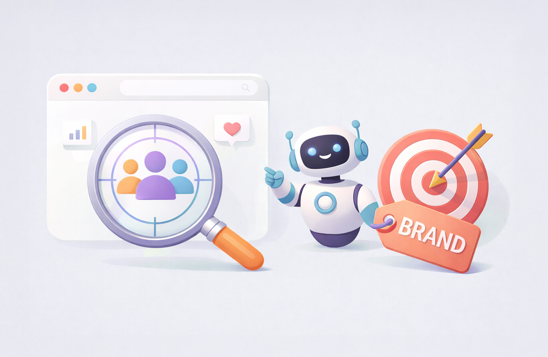 An image showing a computer screen with a magnifying glass hovering over three people icons, a robot is pointing at the results, standing next to a bullseye with an arrow in the center and the word "brand". AI brand discovery blog post