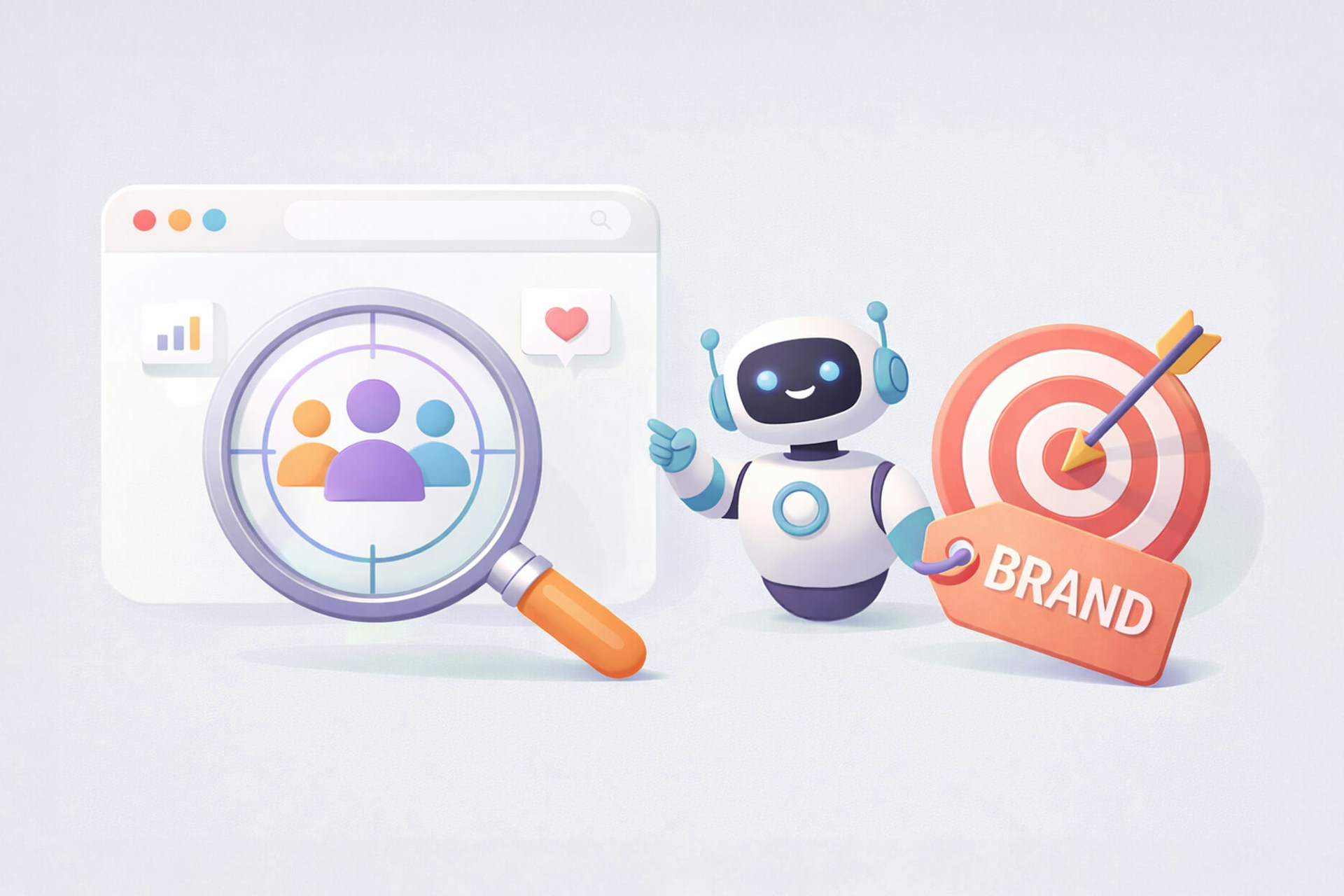 An image showing a computer screen with a magnifying glass hovering over three people icons, a robot is pointing at the results, standing next to a bullseye with an arrow in the center and the word "brand". AI brand discovery blog post