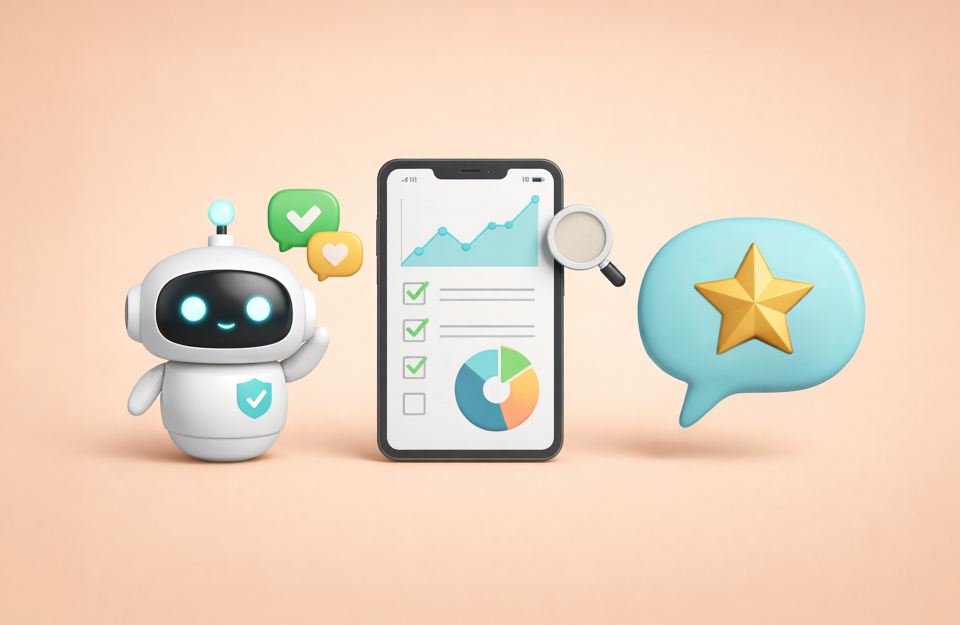 An AI bot looking at marketing analytics charts on a smartphone.