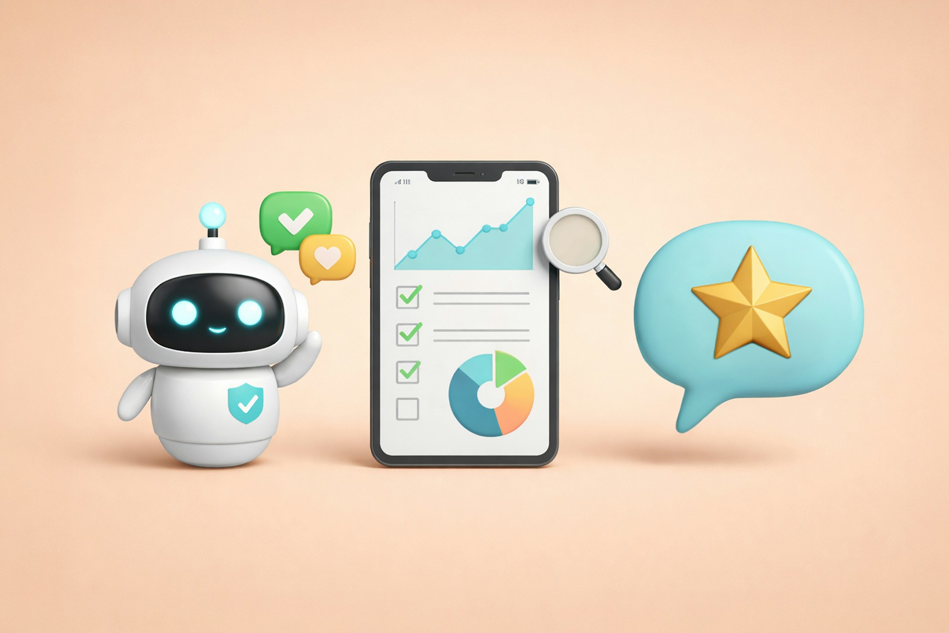 An AI bot looking at marketing analytics charts on a smartphone.