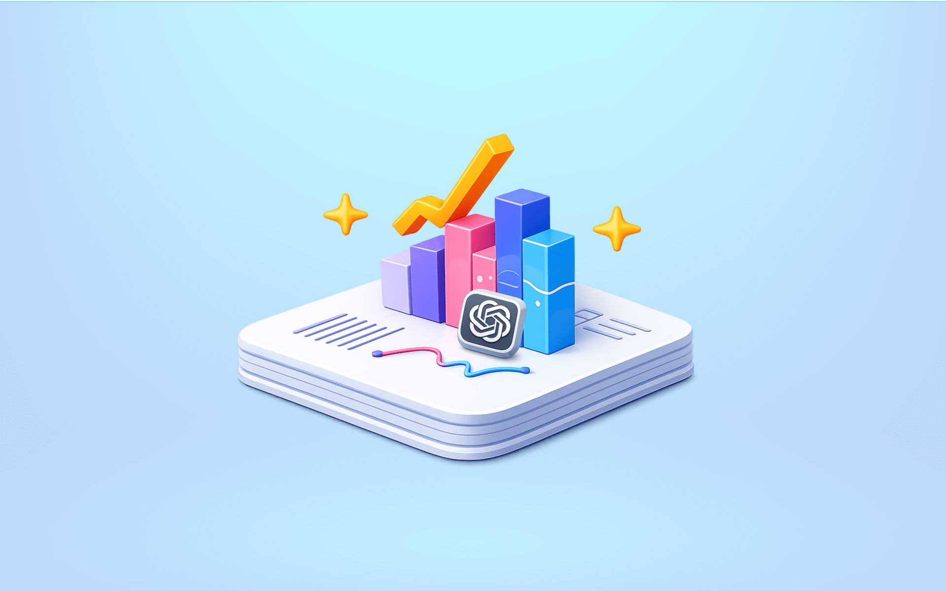 An image showing a 3D multi-colored bar graph on a stack of reports. There is an orange line on the top of the bar graph going up and to the right, two gold stars surrounding the graph and a small ChatGPT logo in front of the graph. image for a blog post on the topic "ChatGPT Brand Monitoring"