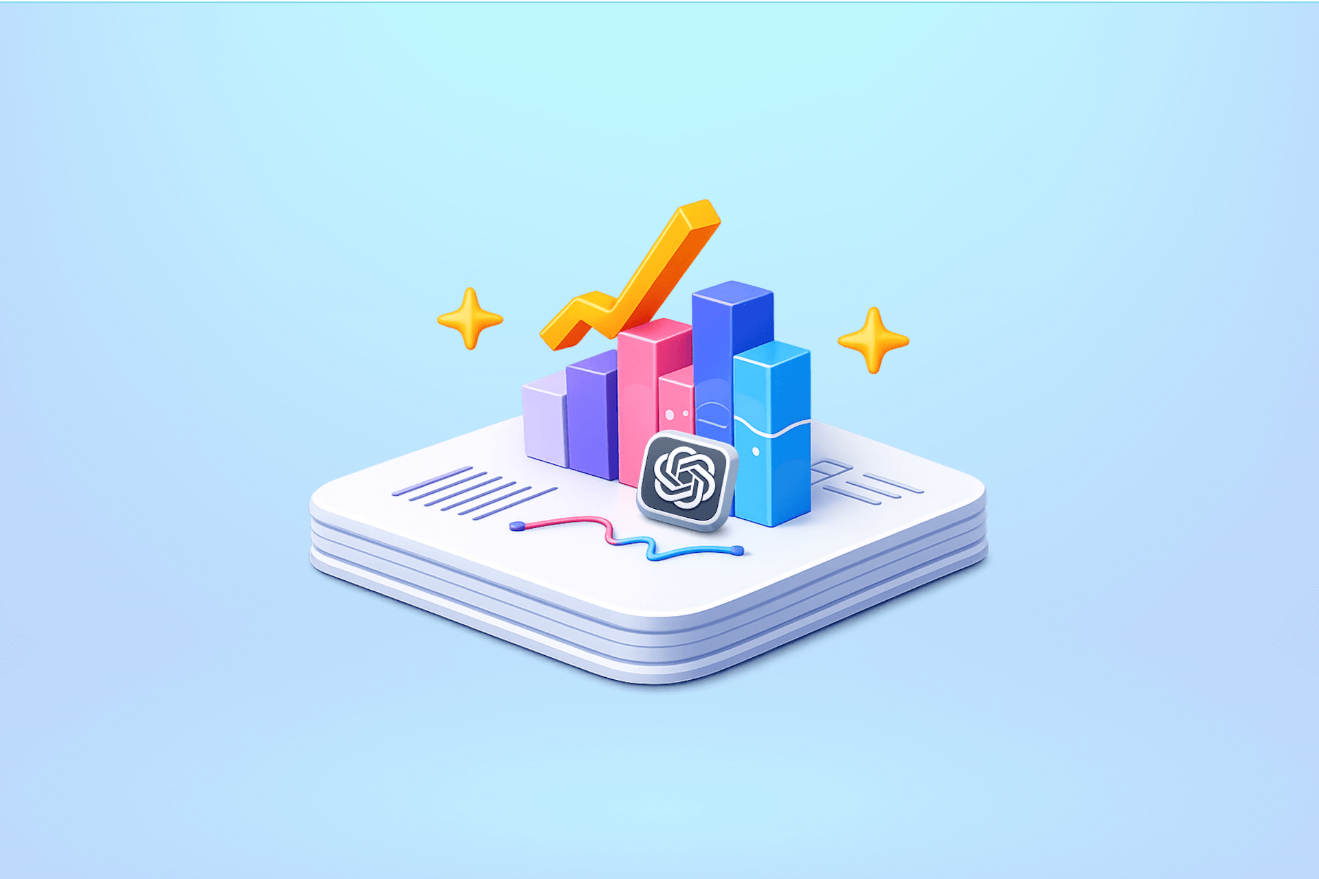 An image showing a 3D multi-colored bar graph on a stack of reports. There is an orange line on the top of the bar graph going up and to the right, two gold stars surrounding the graph and a small ChatGPT logo in front of the graph. image for a blog post on the topic "ChatGPT Brand Monitoring"