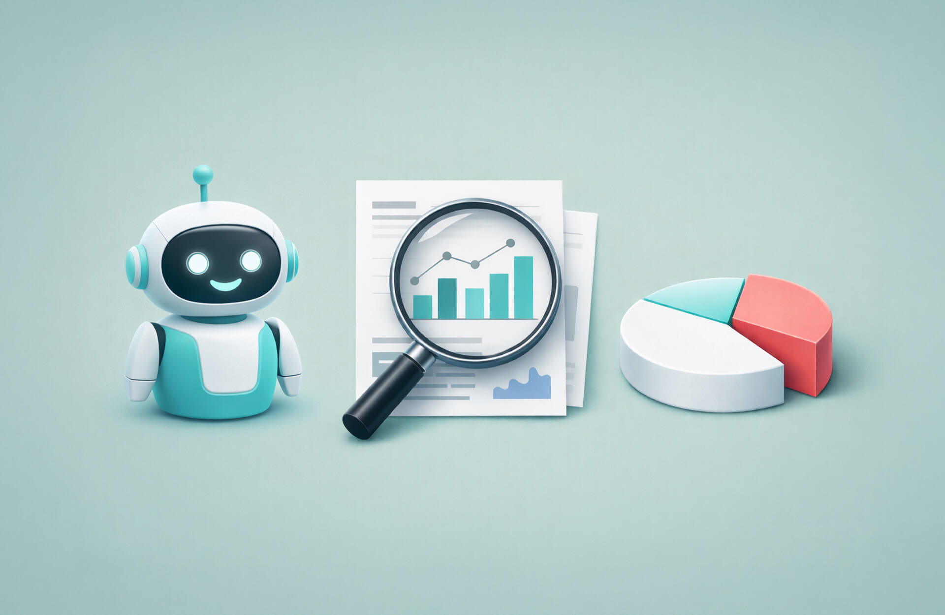 An image showing an AI robot next to a report with a bar graph and a magnifying glass over the graph. On the right side of the image is a pie chart. How to Report on LLM Visibility blog post