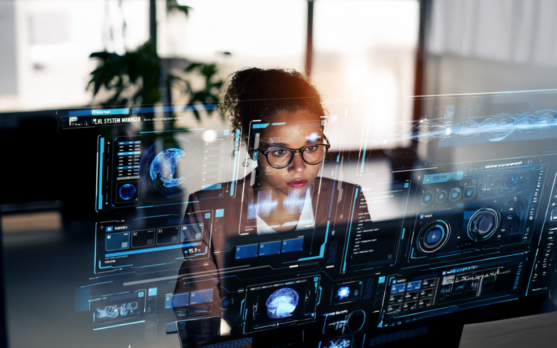 A. woman sitting at a transparent computer screen with several glowing graphs and symbols. Brand management in the age of AI guide