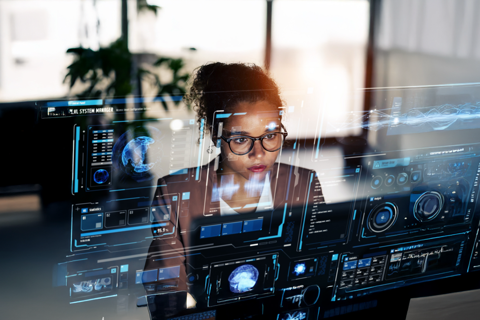 A. woman sitting at a transparent computer screen with several glowing graphs and symbols. Brand management in the age of AI guide