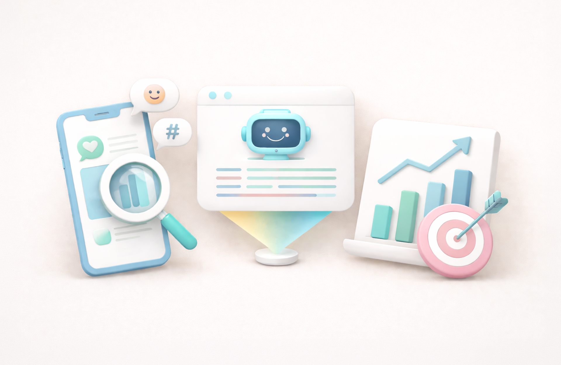 A looking glass highlighting social listening data on a smartphone, an AI bot on a computer screen, and Generative Engine Data depicted on a chart.