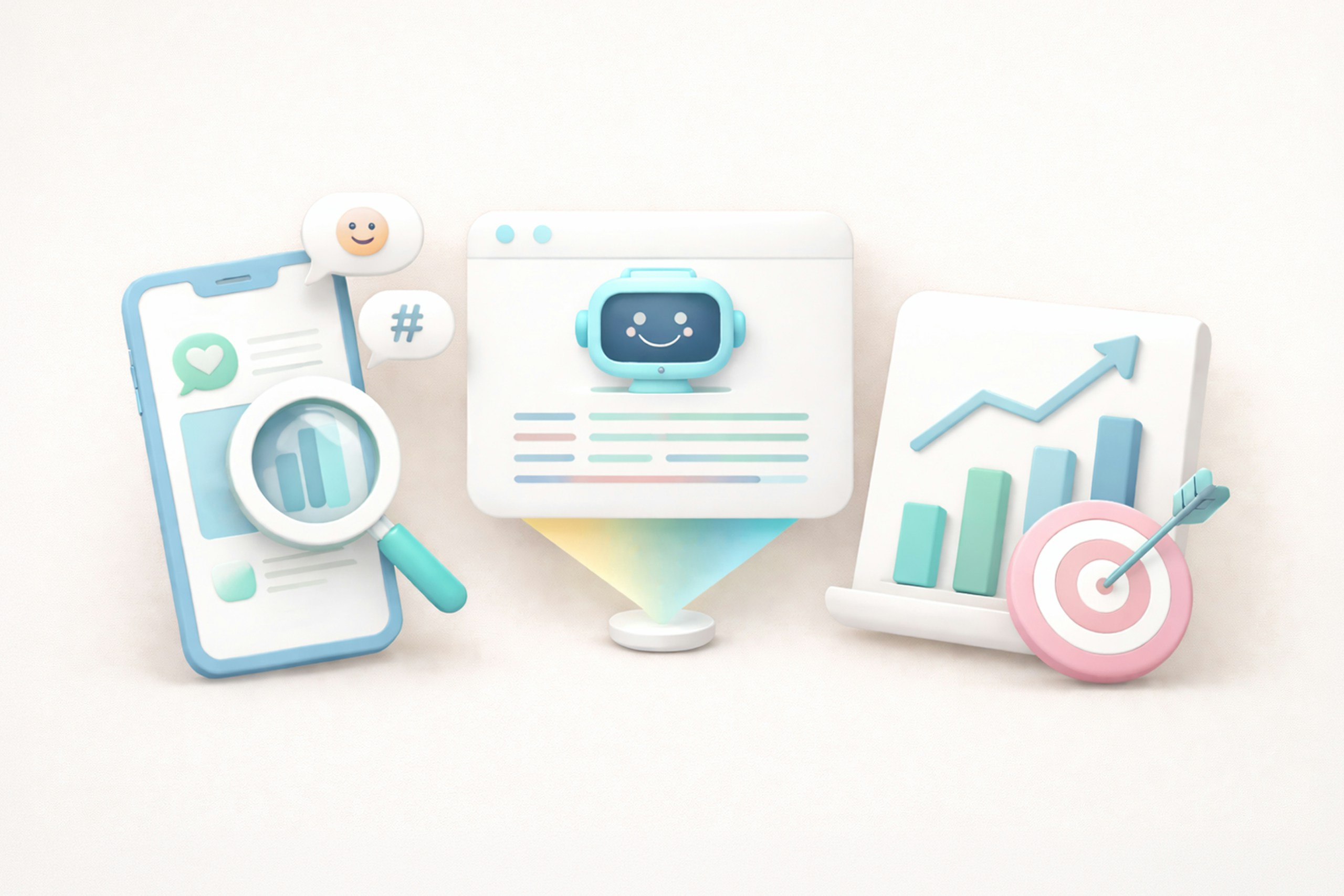 Ein Spiegel, der Social-Listening-Daten auf einem Smartphone anzeigt, ein KI-Bot auf einem Computerbildschirm und Daten der Generative Engine, dargestellt in einem Diagramm.