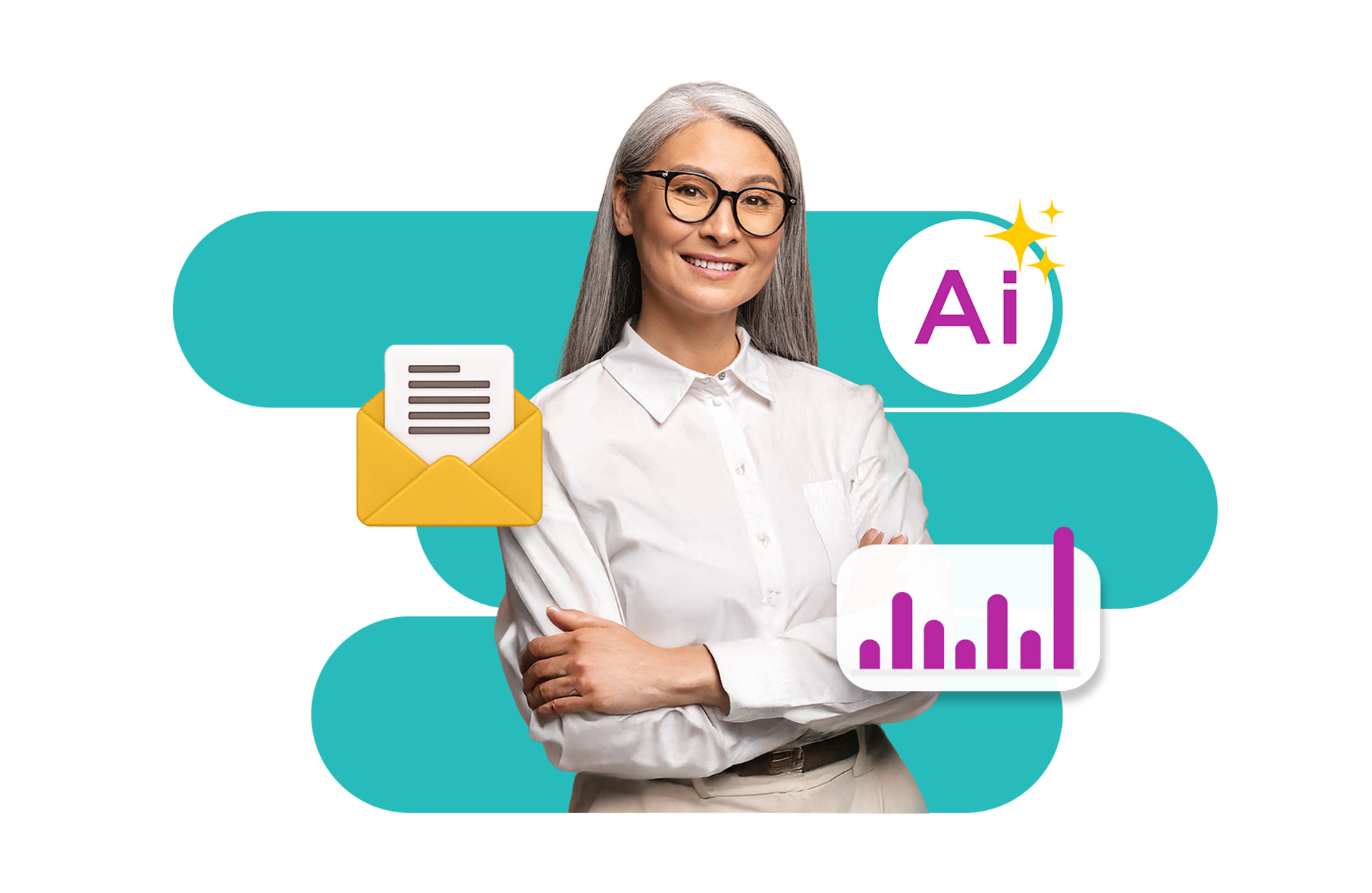 Woman crossing her arms with charts around her. 