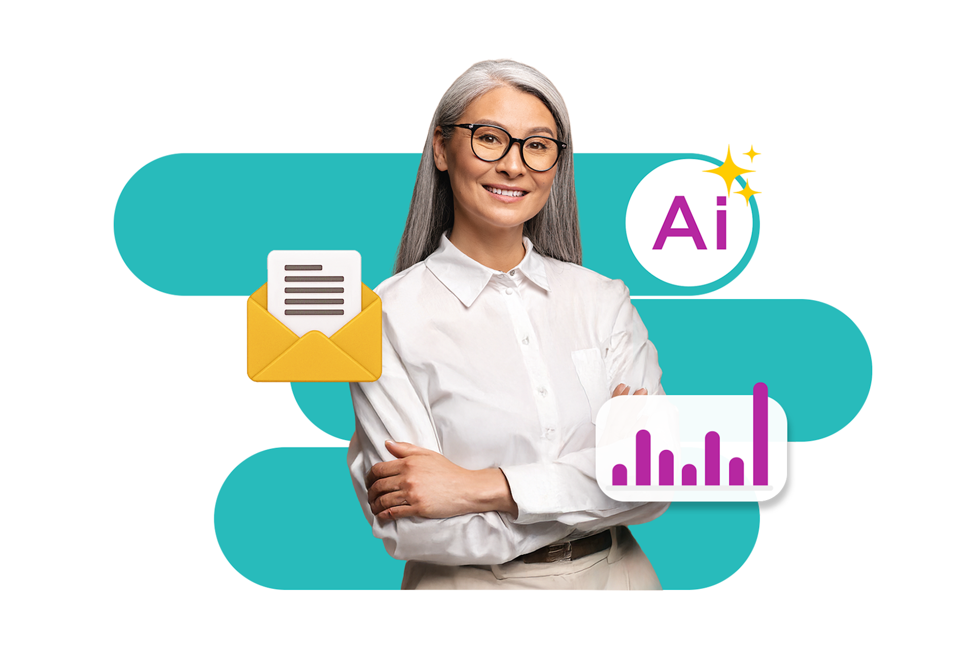 Woman crossing her arms with charts around her.