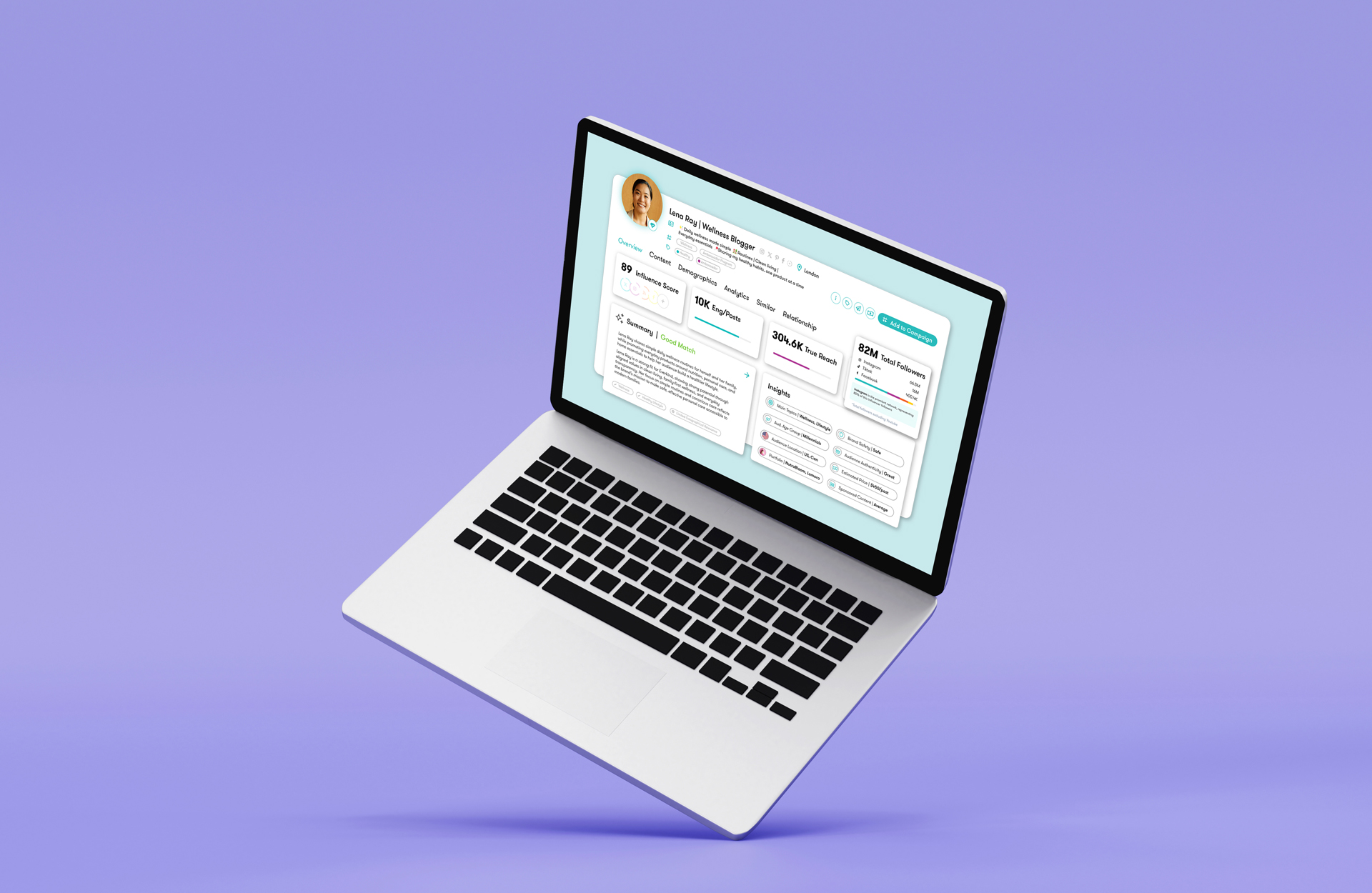 Floating silver laptop against a purple gradient background displaying an influencer analytics dashboard with profile overview, engagement metrics, true reach, total followers, and campaign insights.