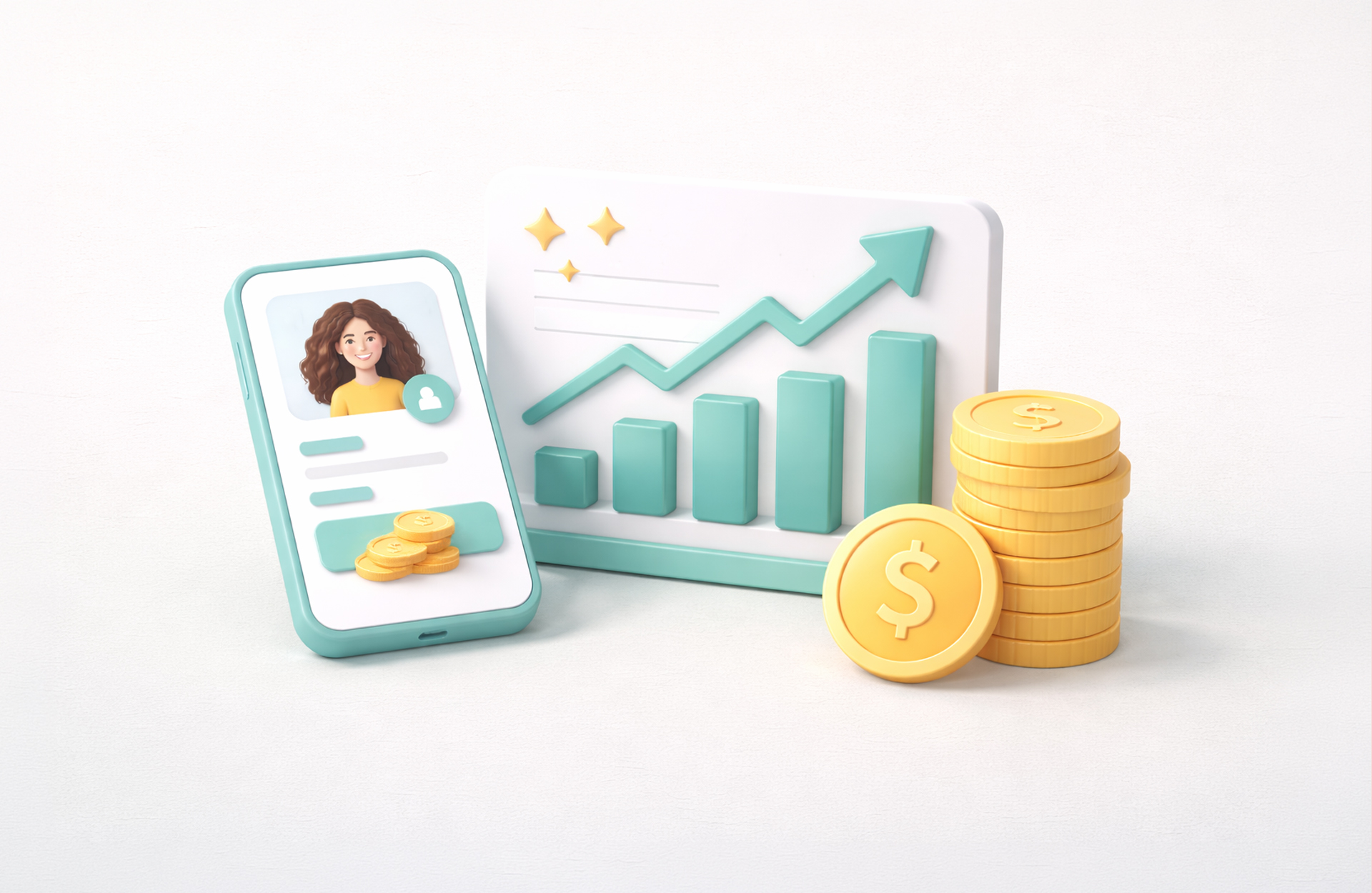 A smartphone showing an influencer profile, a pile of gold coins, and an ascenting marketing chart. 