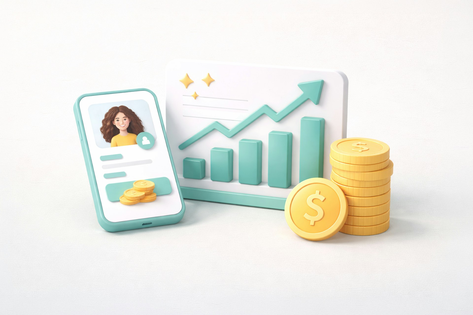 A smartphone showing an influencer profile, a pile of gold coins, and an ascenting marketing chart.