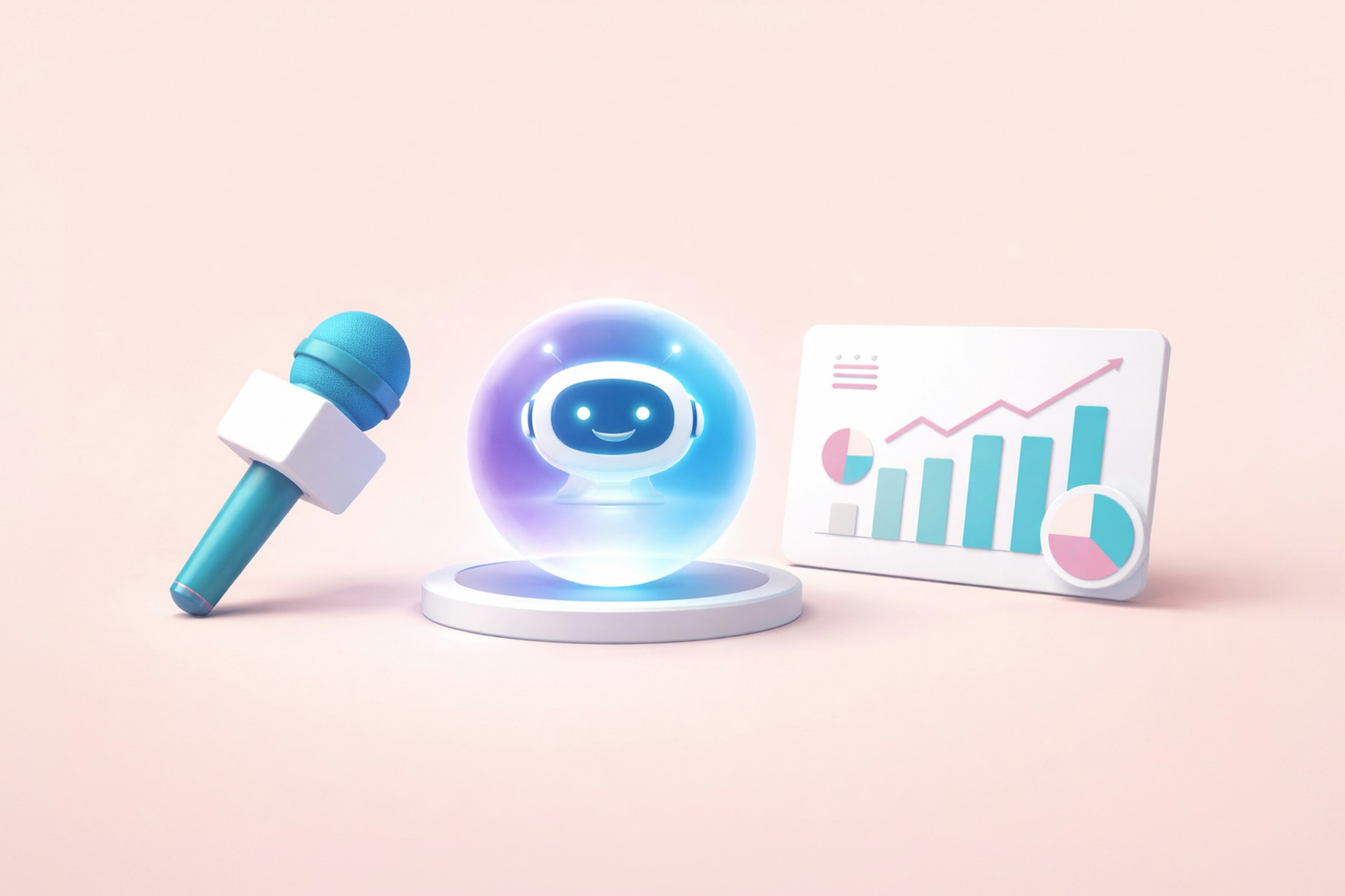 A cgi image of a reporter's microphone, a media coverage chart, an an AI PR assistant bot.