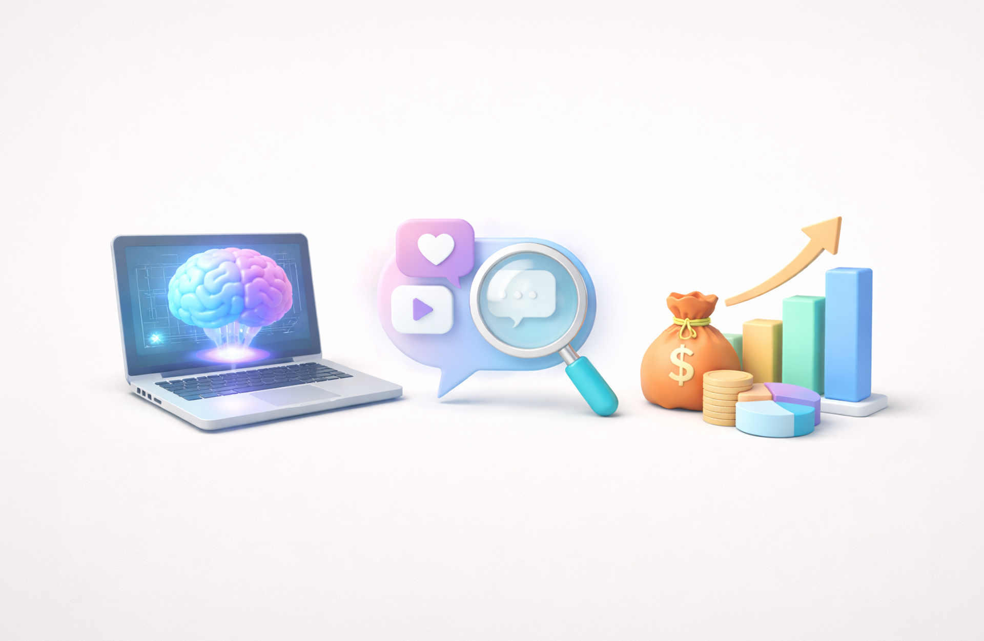 3D illustration of a laptop displaying a glowing brain on screen, next to social media icons with a magnifying glass, and financial growth symbols including a money bag, coins, bar chart, pie chart, and upward arrow.