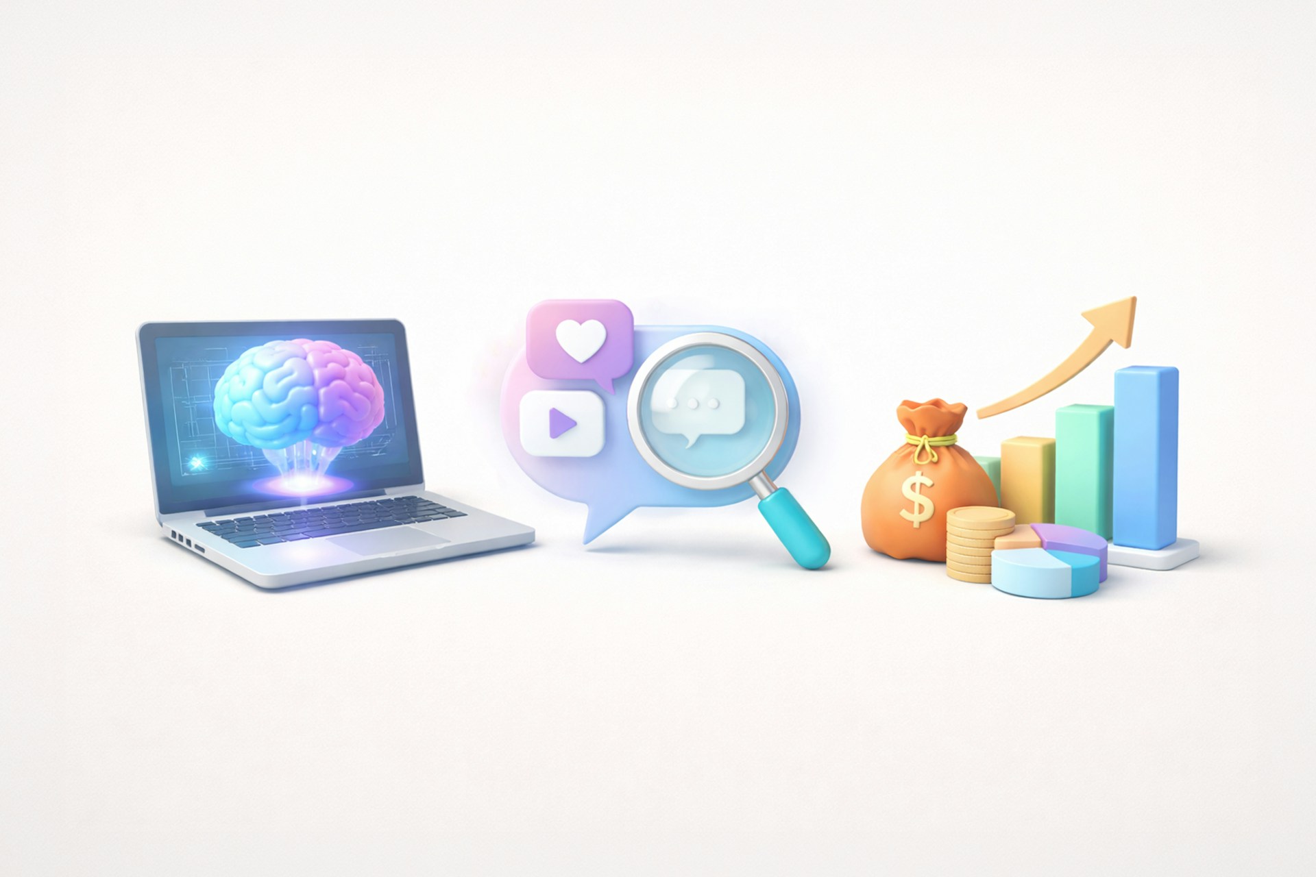 3D illustration of a laptop displaying a glowing brain on screen, next to social media icons with a magnifying glass, and financial growth symbols including a money bag, coins, bar chart, pie chart, and upward arrow.