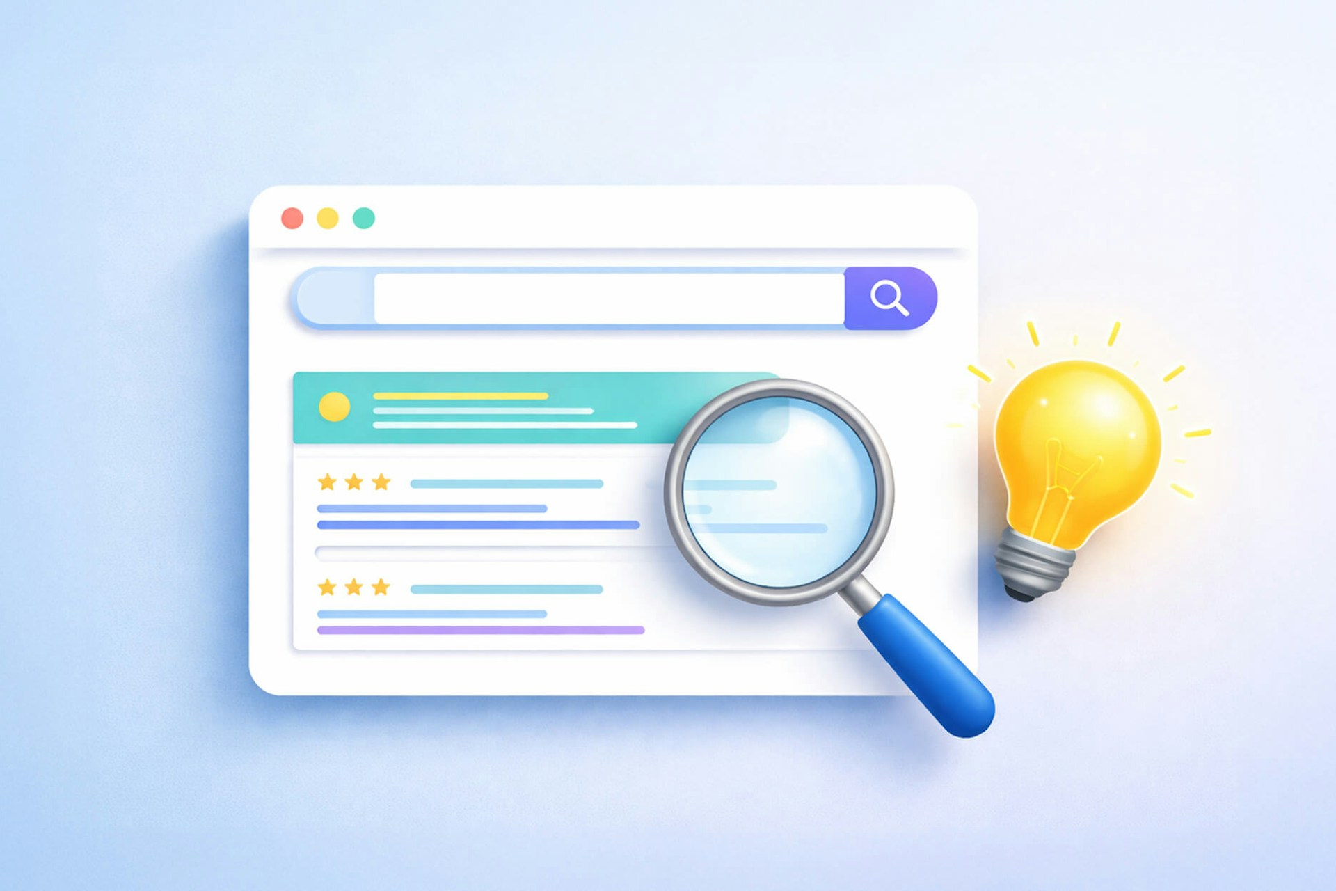 An image showing a magnifying glass hovering over a search results page, with a glowing lightbulb next to the results. Blog post image for AEO tools