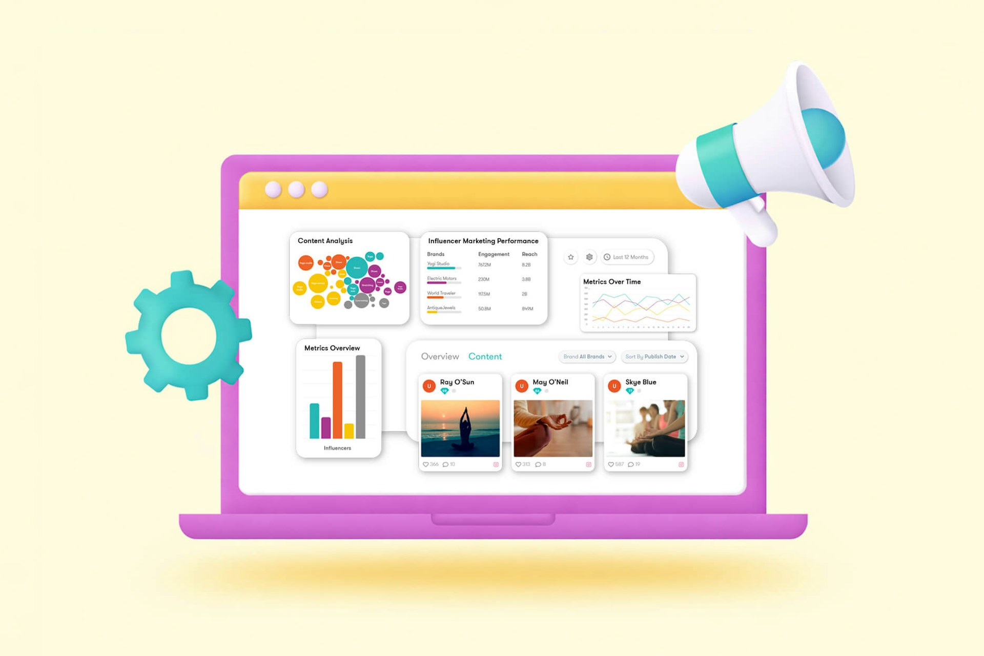 An image of a laptop screen showing Meltwater influencer marketing platform, with a teal colored gear symbol and megaphone symbol floating in front of the screen. Aspire.io alternatives blog post