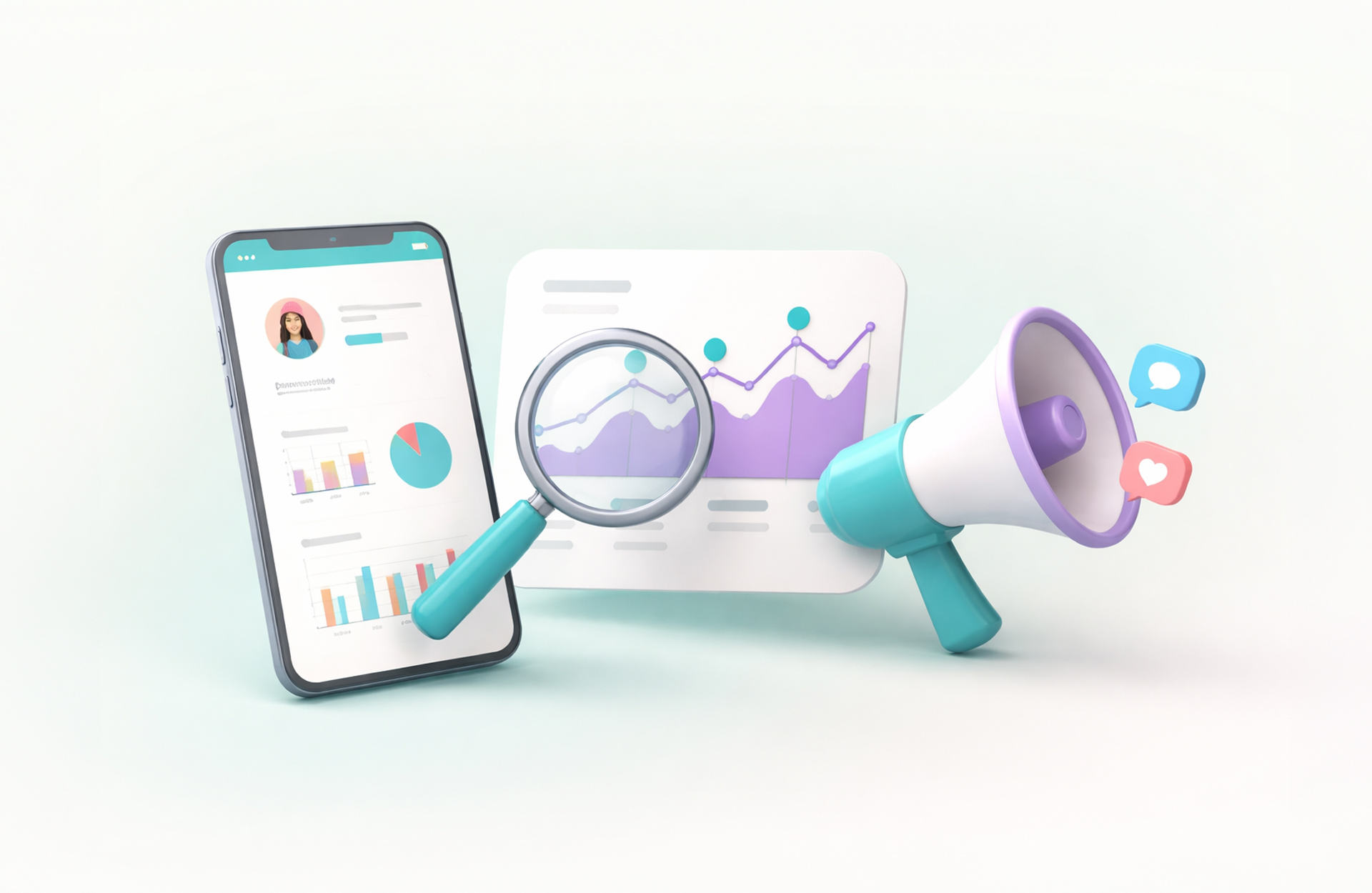 A CGI image of a loudhailer, looking glass, influencer marketing analytics chart, and an influencer's profile page on a smartphone. 