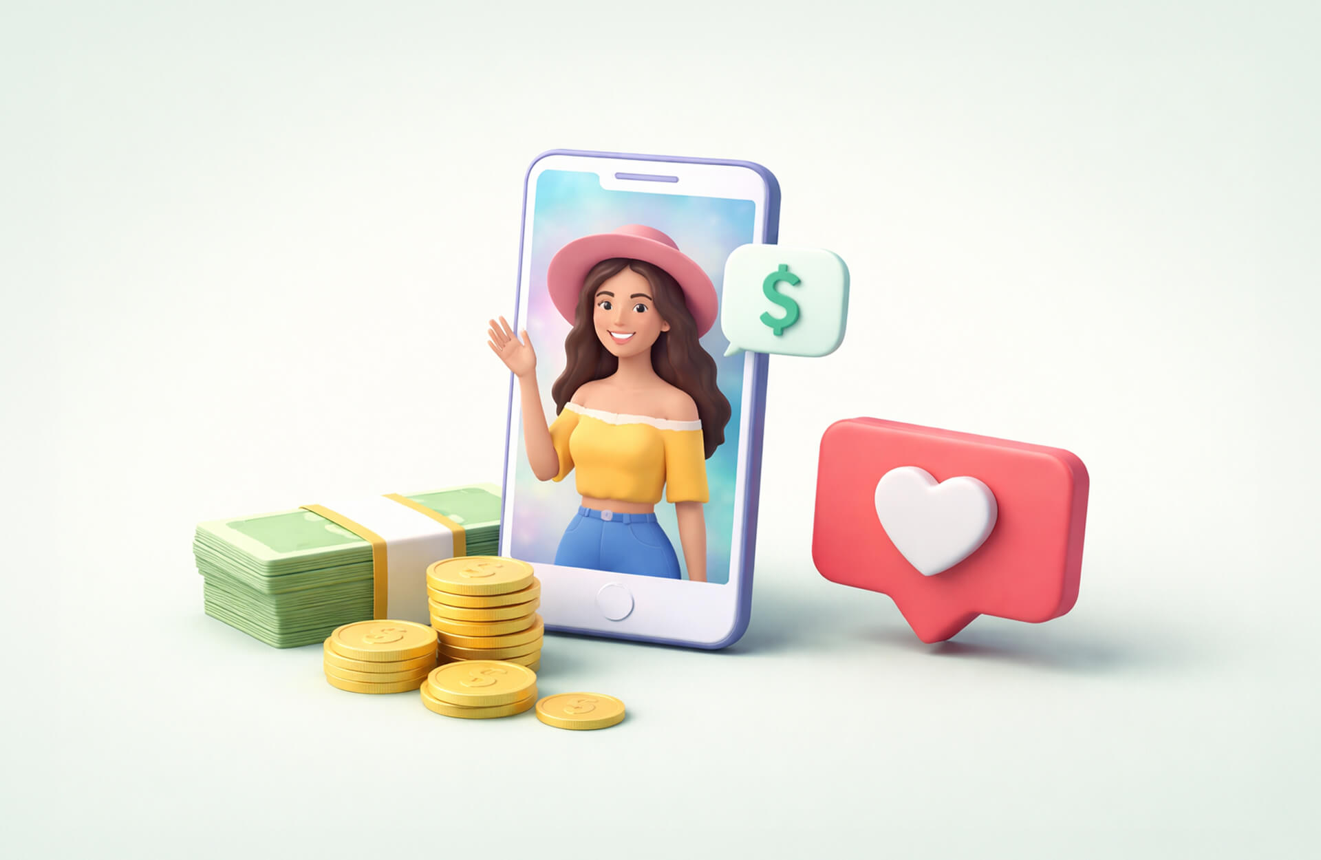 An image showing a stack of bills and coins next to a phone with an influencer on the screen and a dollar sign in a speech bubble. There is also a like symbol with a heart. Blog post image for how to pay influencers