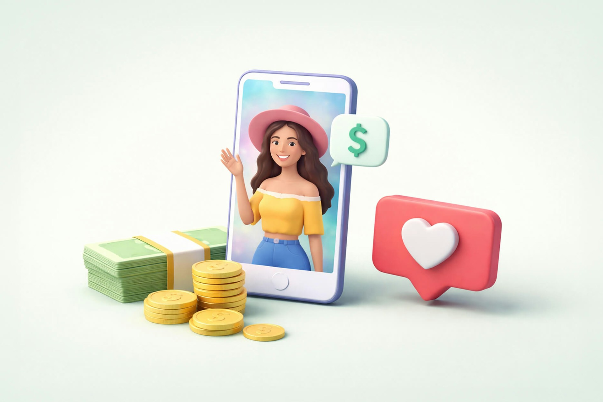 An image showing a stack of bills and coins next to a phone with an influencer on the screen and a dollar sign in a speech bubble. There is also a like symbol with a heart. Blog post image for how to pay influencers