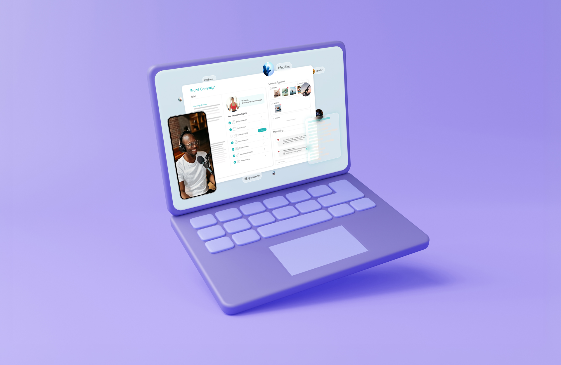3D illustration of a purple laptop showcasing the Meltwater platform’s brand campaign management dashboard, including influencer content previews, messaging tools, and a video call window on screen.