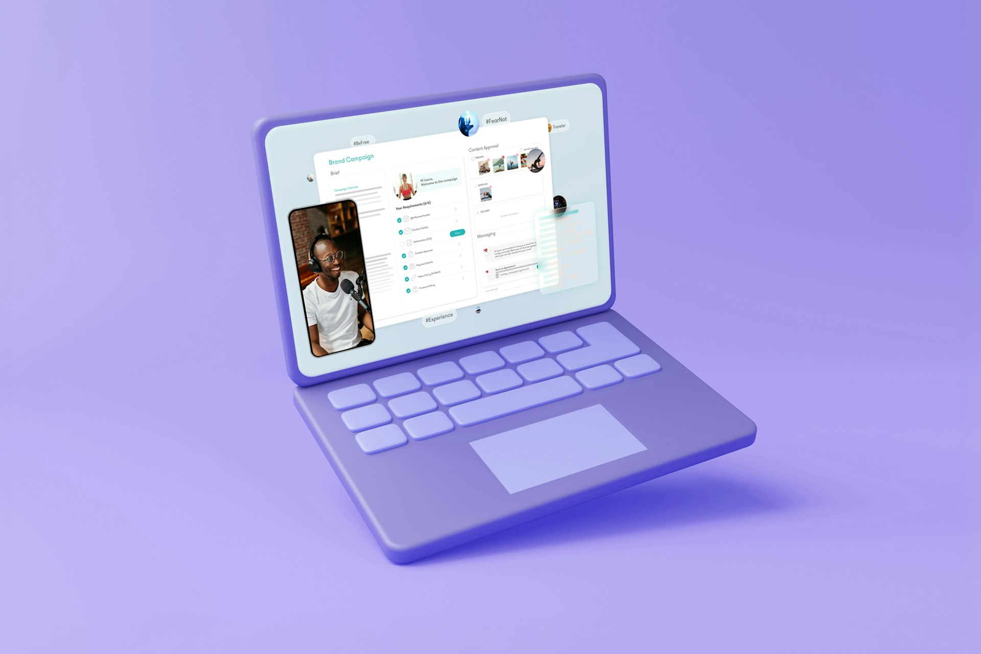 3D illustration of a purple laptop showcasing the Meltwater platform’s brand campaign management dashboard, including influencer content previews, messaging tools, and a video call window on screen.