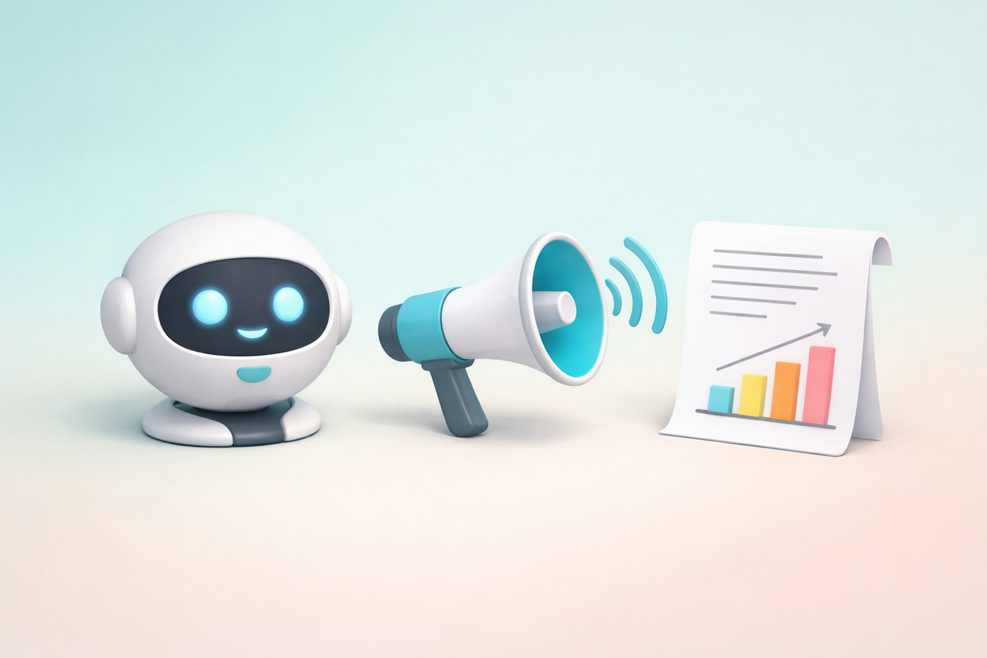 An AI robot, a loudhailer, and a marketing analytics chart