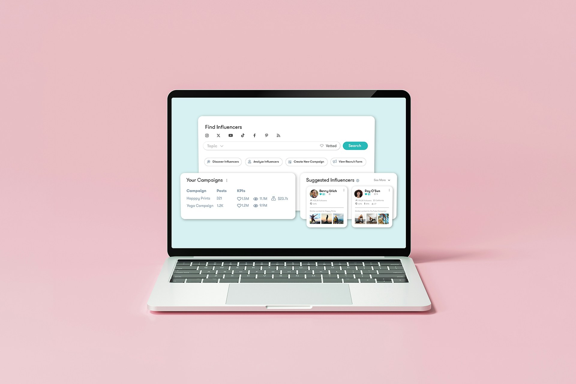 A laptop with a Meltwater's Influencer Marketing platform displayed on the screen.