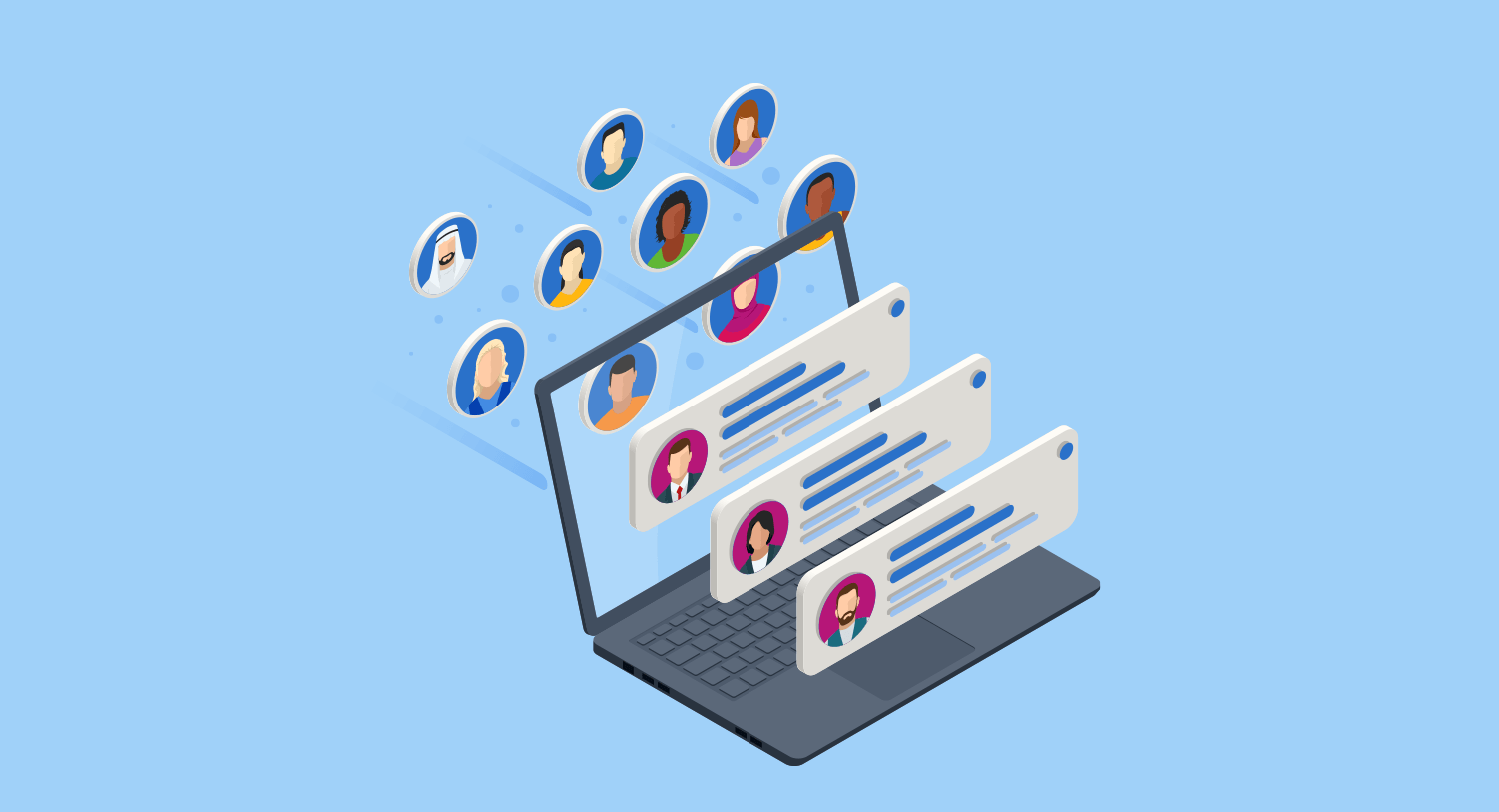 Illustration showing contact cards for multiple prospects on a laptop computer. Data management best practices blog post