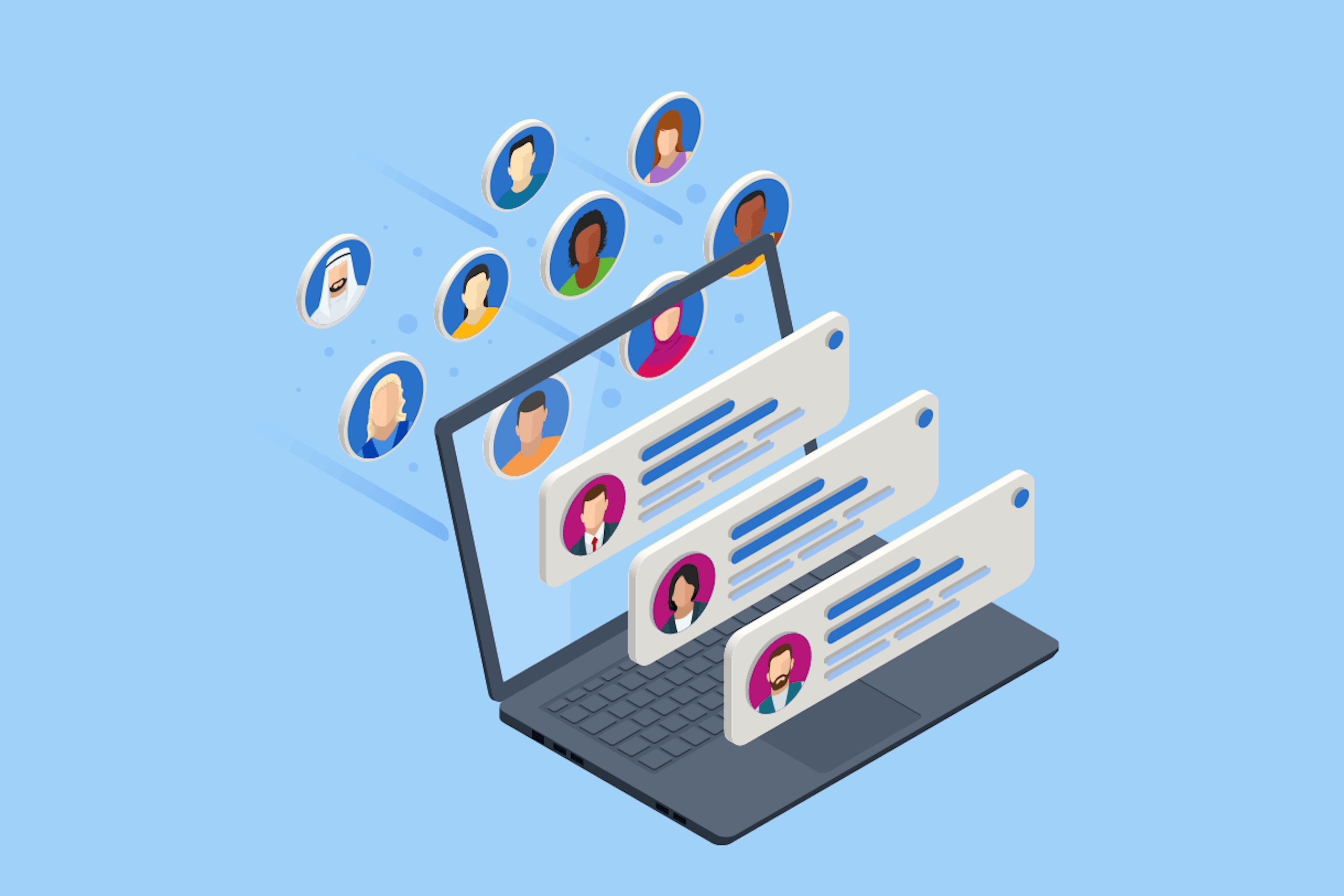 Illustration montrant les cartes de contact de plusieurs prospects sur un ordinateur portable. Article de blog sur les meilleures pratiques en matière de gestion des données.