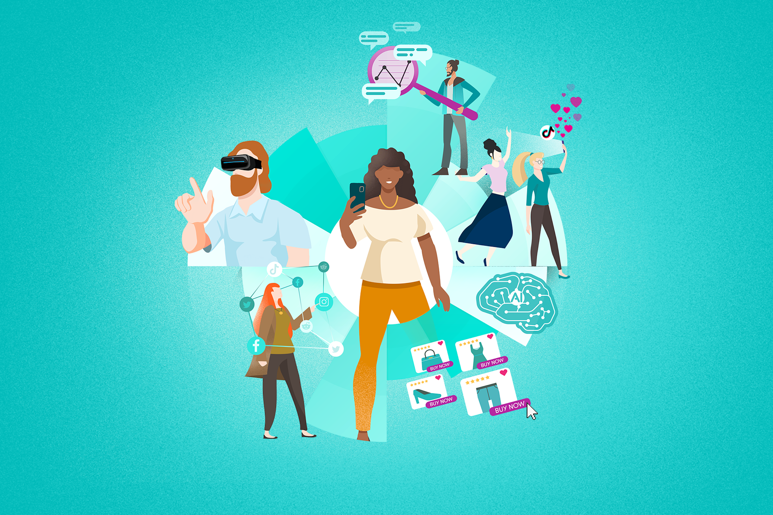 Guide des tendances marketing 2023 image d'en-tête montrant un groupe diversifié de marketeurs effectuant différenters tâches marketing