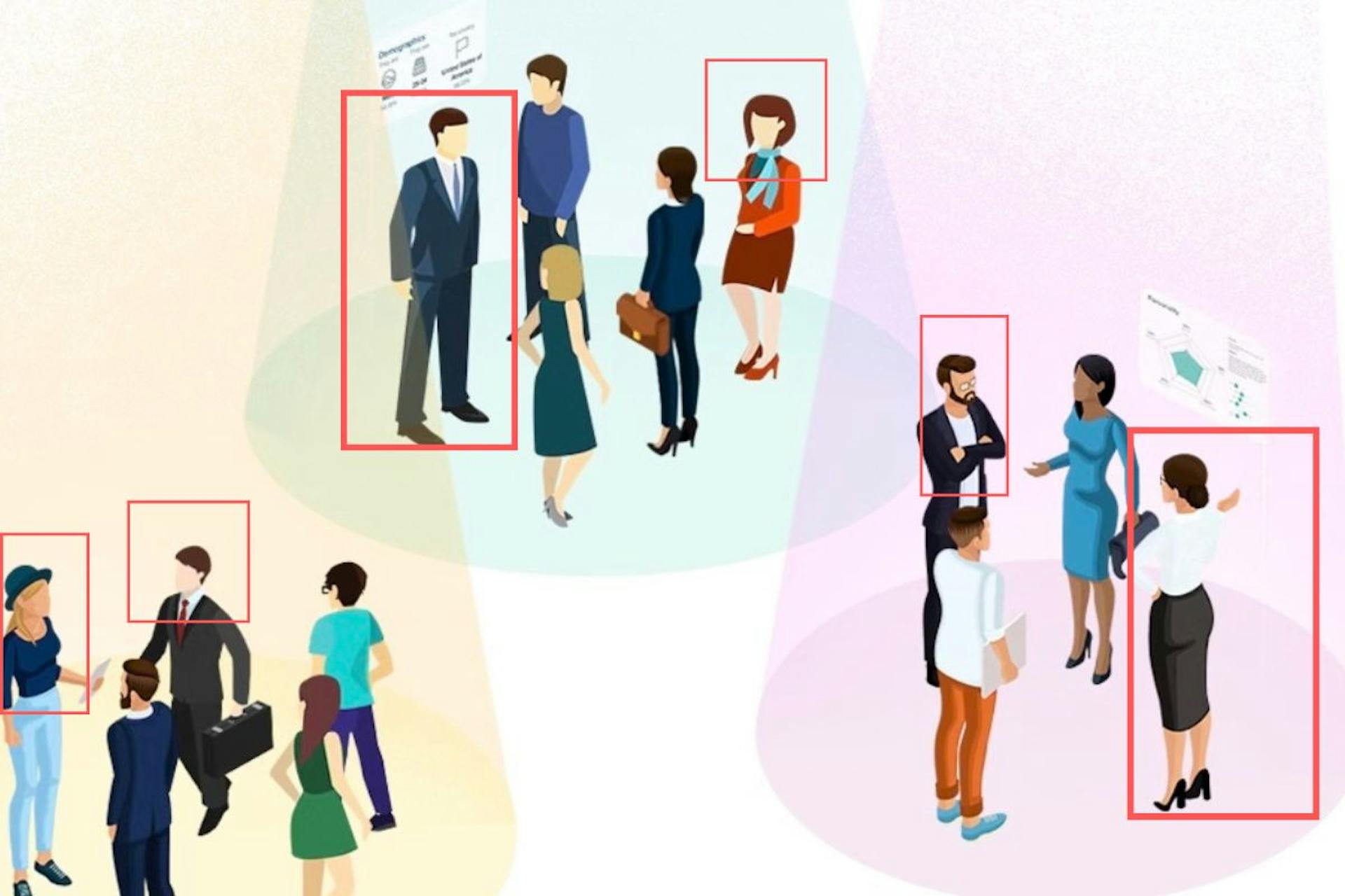  Illustrated people are standing in three groups and talking, around some of them we can see a red rectangle