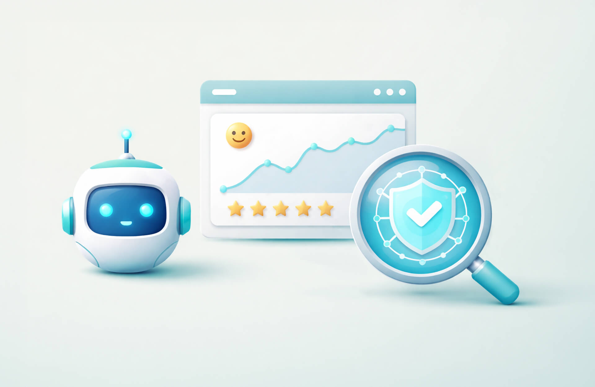 Image showing an AI robot next to a graph going up and to the right, with stars and a smiley face. There is a magnifying glass hovering over a check mark on a shield symbol. Blog post on AI in brand reputation management