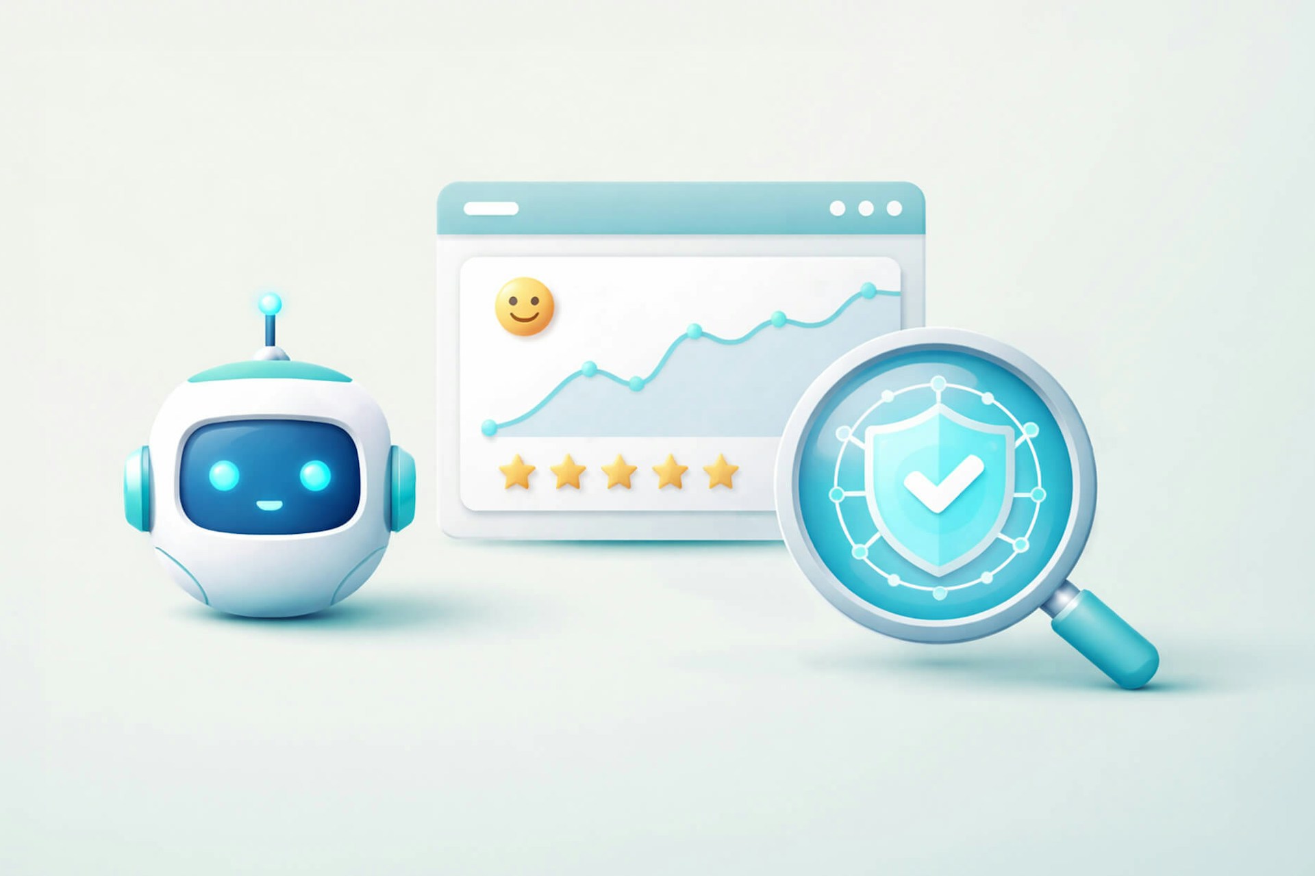 Image showing an AI robot next to a graph going up and to the right, with stars and a smiley face. There is a magnifying glass hovering over a check mark on a shield symbol. Blog post on AI in brand reputation management
