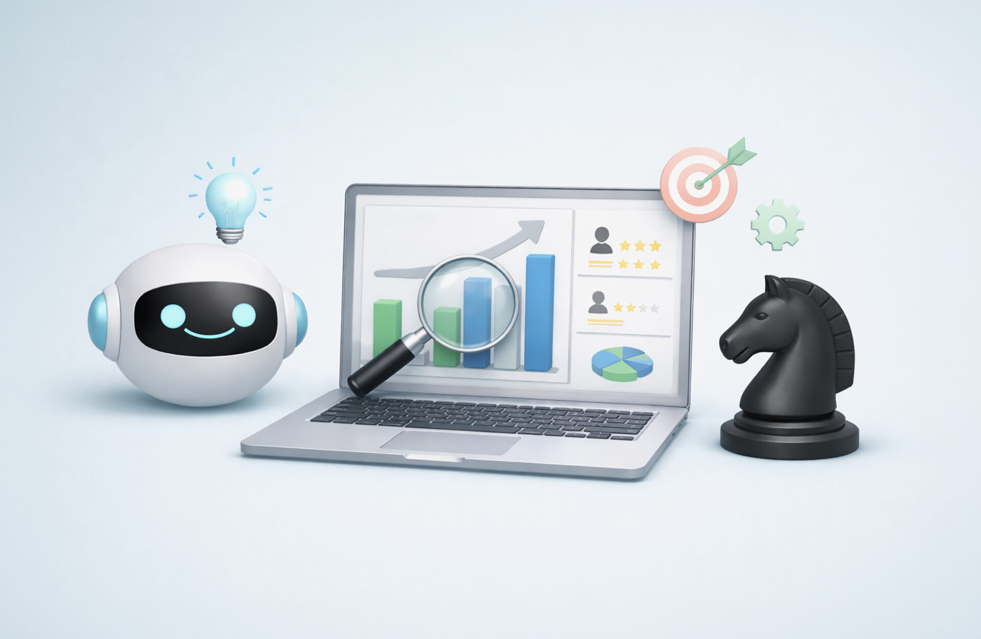 An image showing a smiling robot with a floating blue light bulb next to a computer screen with a magnifying glass hovering over a graph going up and to the right. There is also a target with a bullseye and a chess piece near the computer. Blog post image for AI competitive analysis