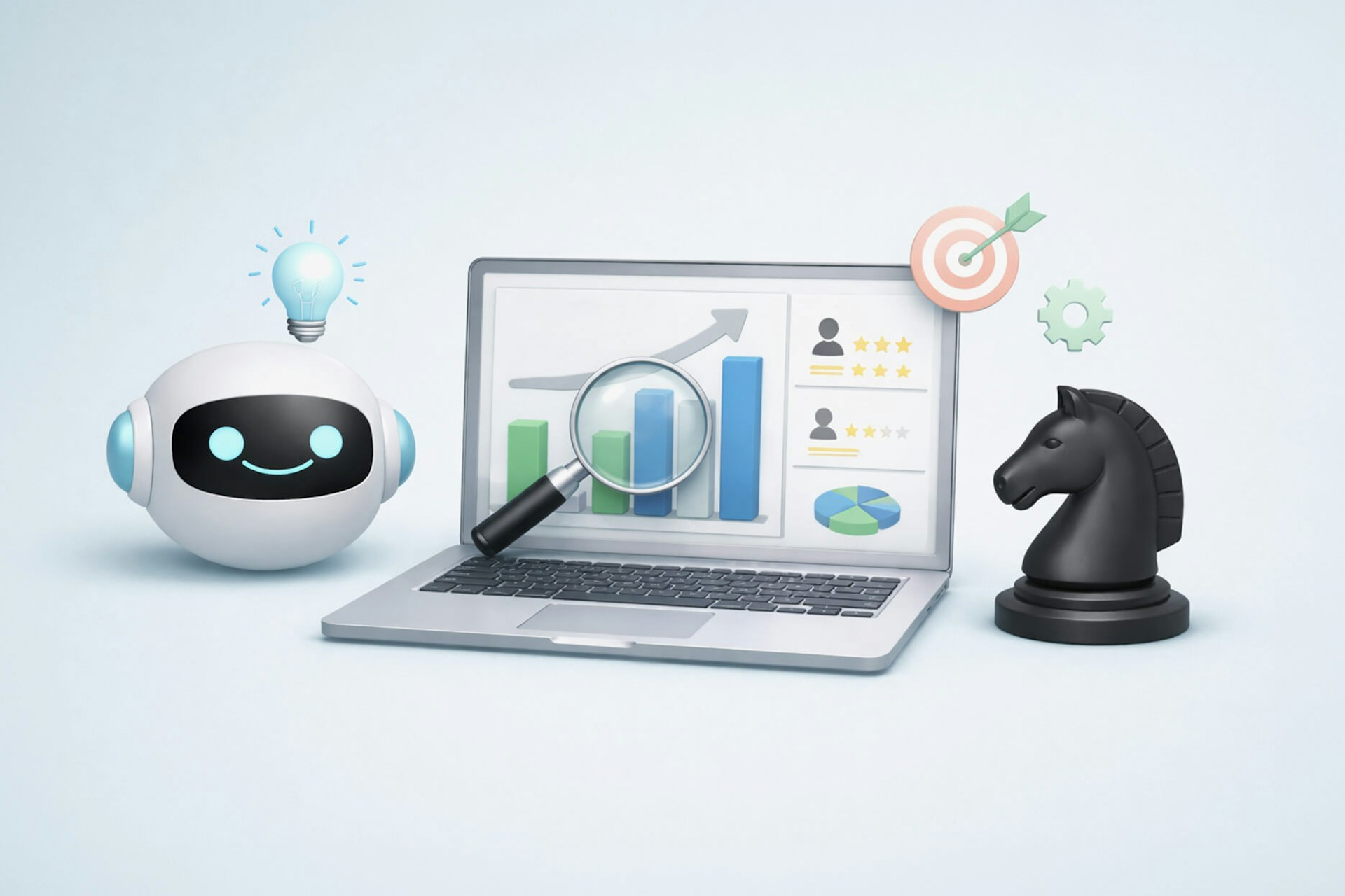 An image showing a smiling robot with a floating blue light bulb next to a computer screen with a magnifying glass hovering over a graph going up and to the right. There is also a target with a bullseye and a chess piece near the computer. Blog post image for AI competitive analysis