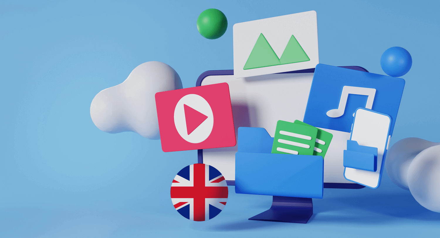 3D illustration of media icons with the UK flag for our UK media database comparison