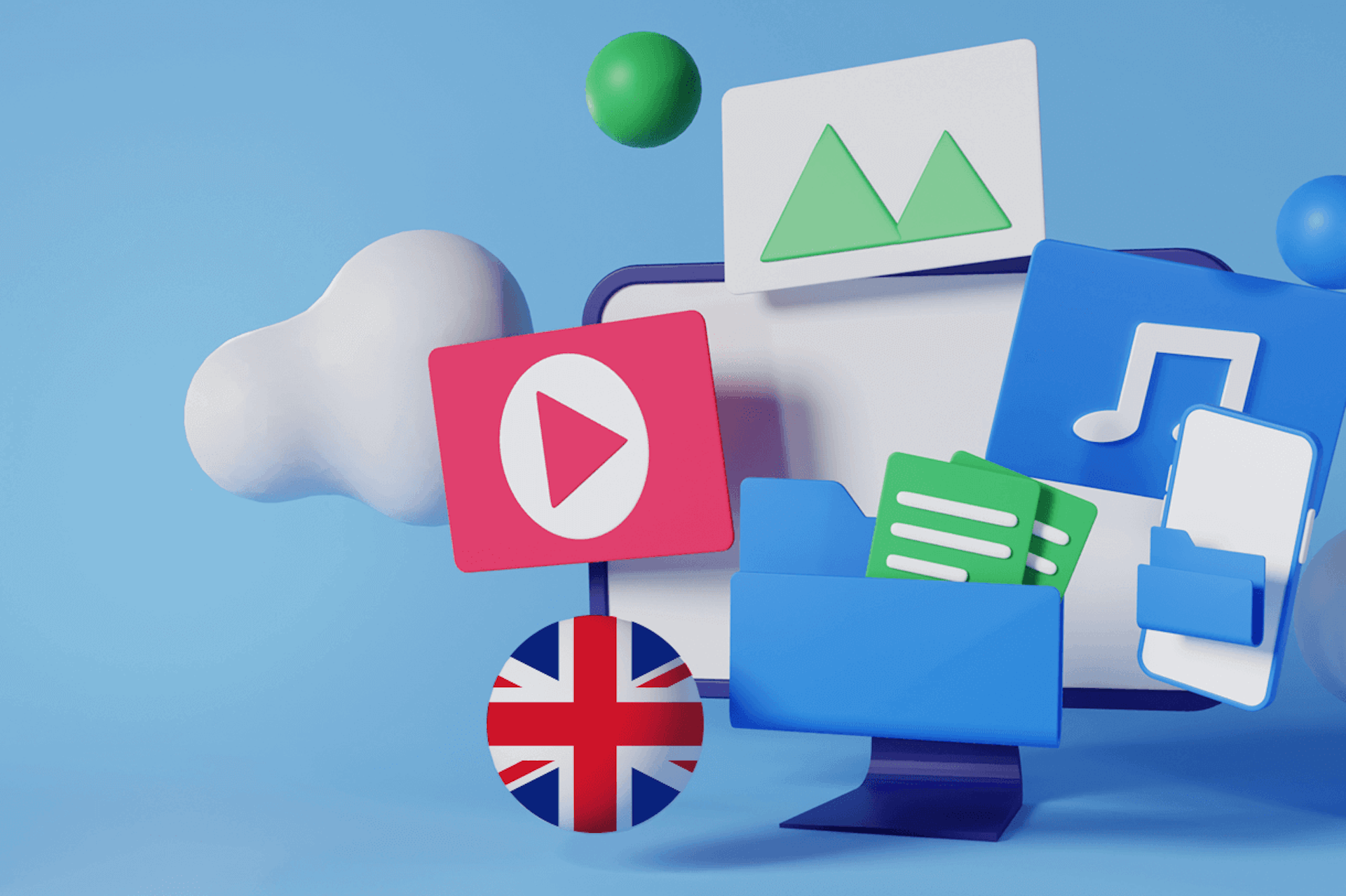 3D illustration of media icons with the UK flag for our UK media database comparison