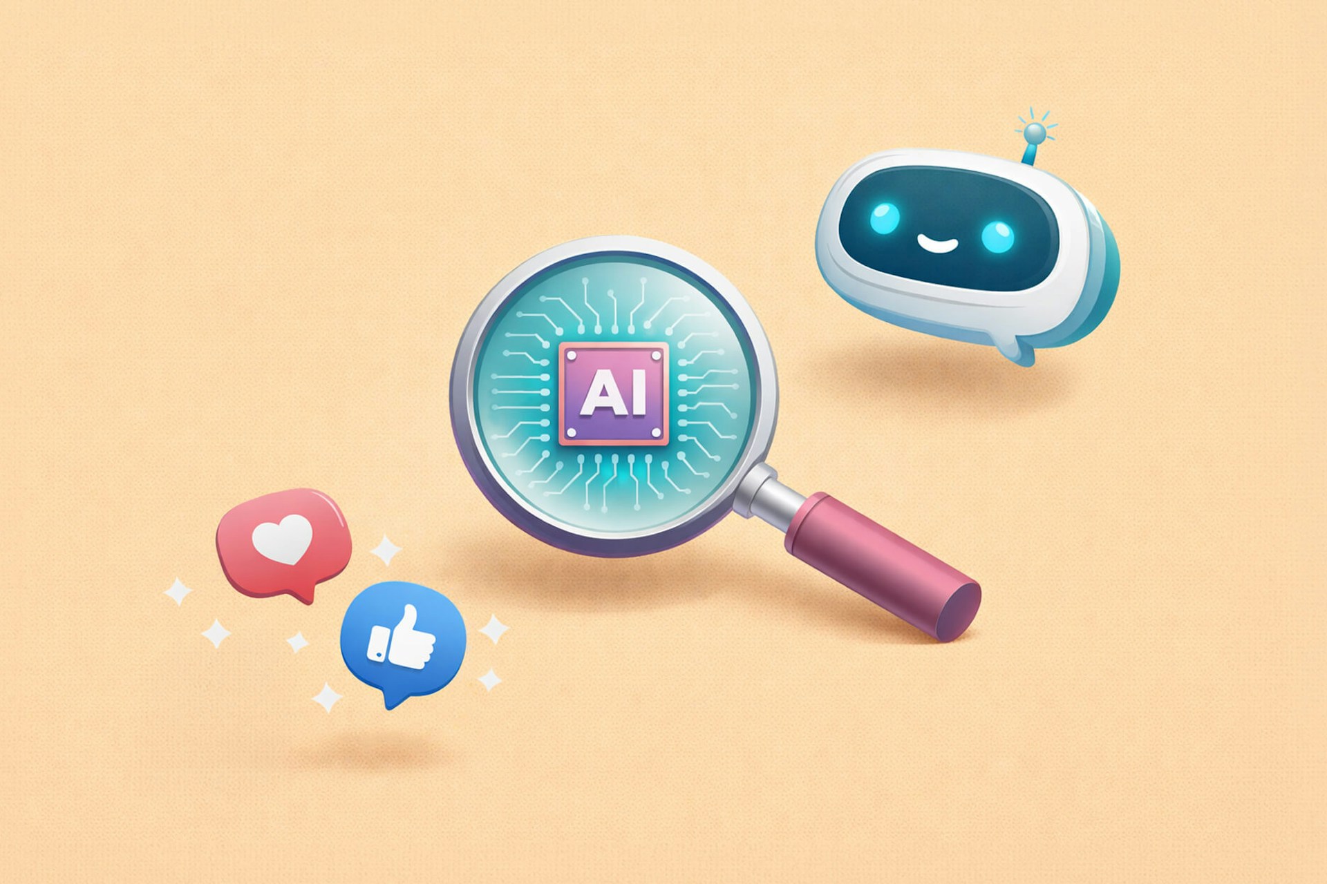 An image showing social media like symbols next to a large magnifying glass hovering over an AI symbol. There is a smiling floating AI robot next to the magnifying glass. Blog post image for How Social Media Impacts AI Search Visibility.