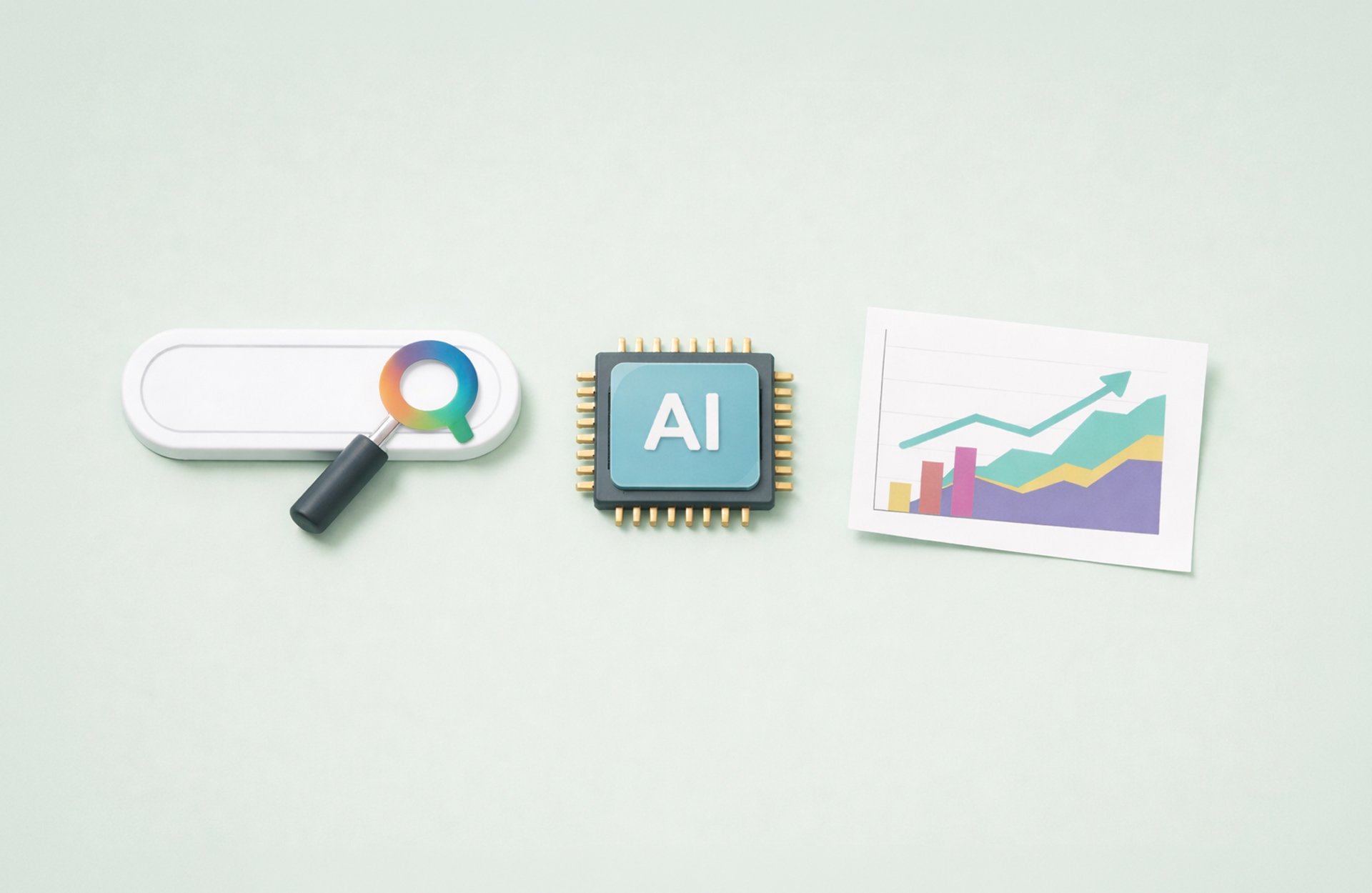 A search bar, an AI microchip, and a marketing analytics chart