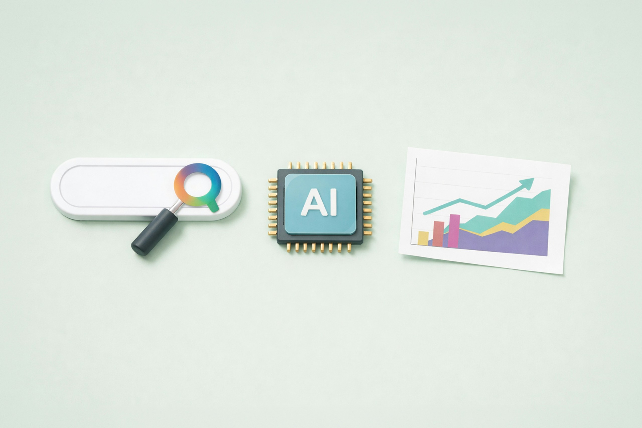 Eine Suchleiste, ein KI-Mikrochip und ein Marketing-Analyse-Diagramm