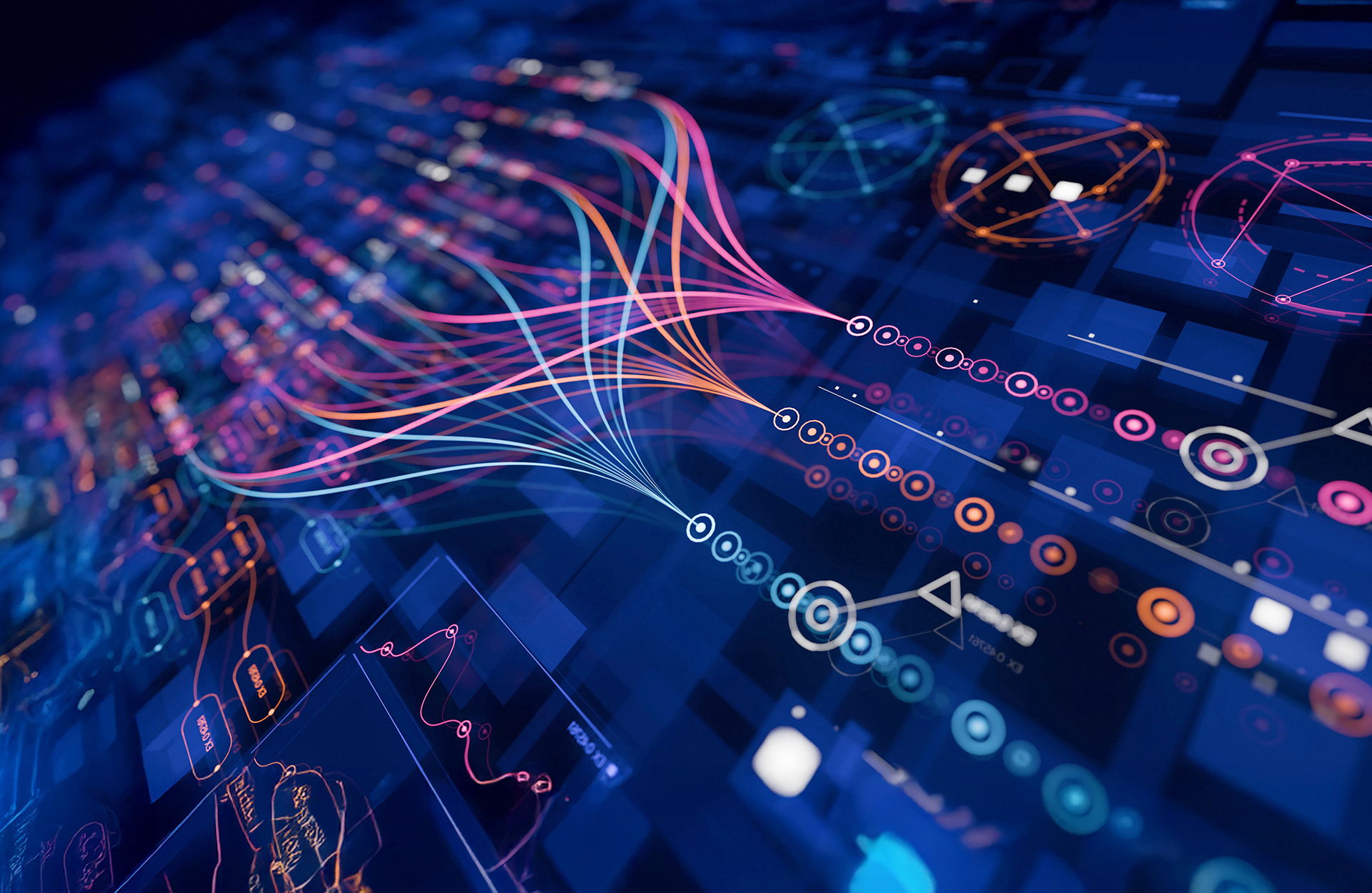 Abstract digital visualization of data flow, with colorful lines connecting nodes across a futuristic interface. From Sentiment to Emotion to Attitude Report