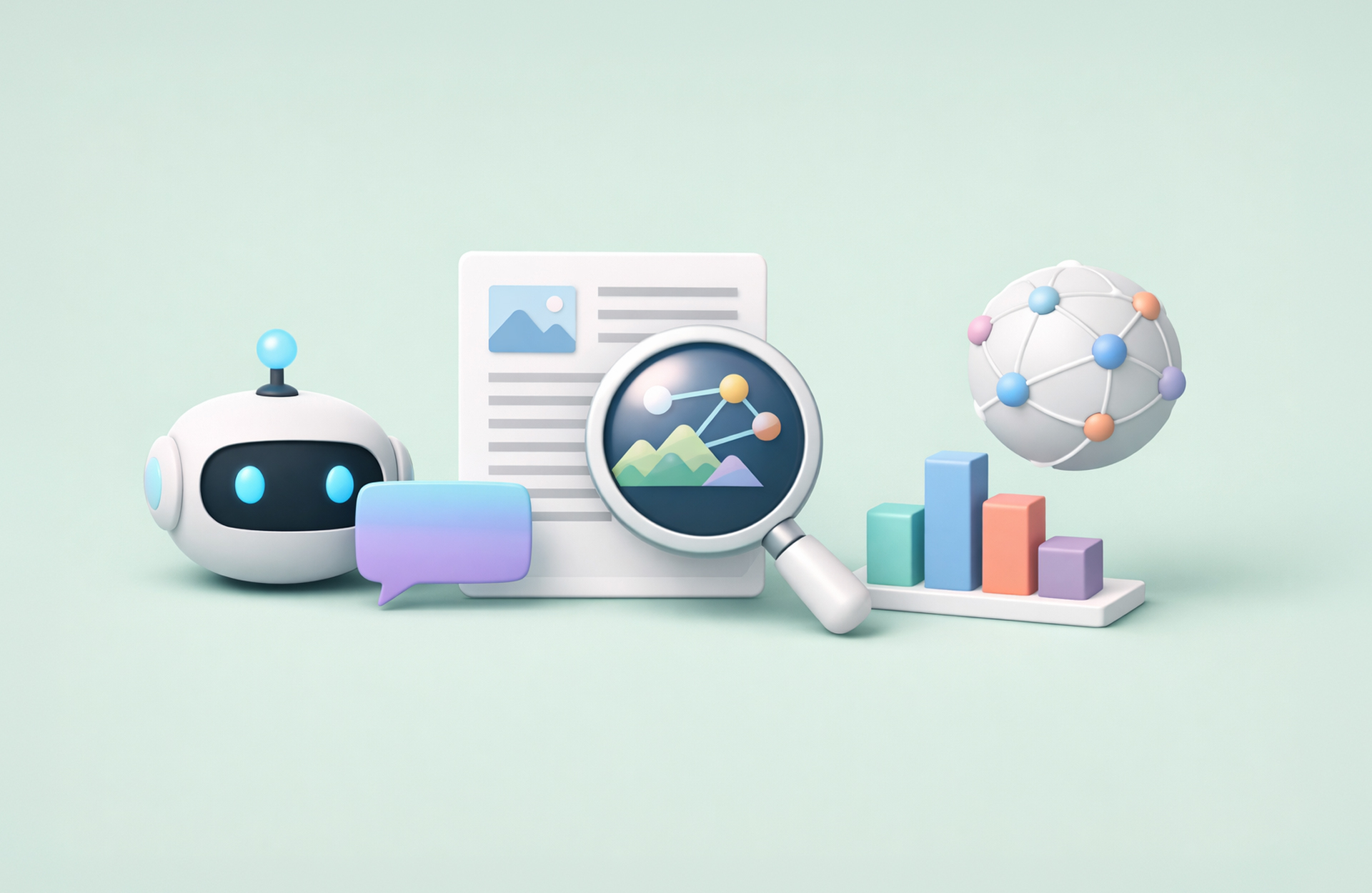 An AI Bot and some marketing analytics displayed as an abstract graphic.