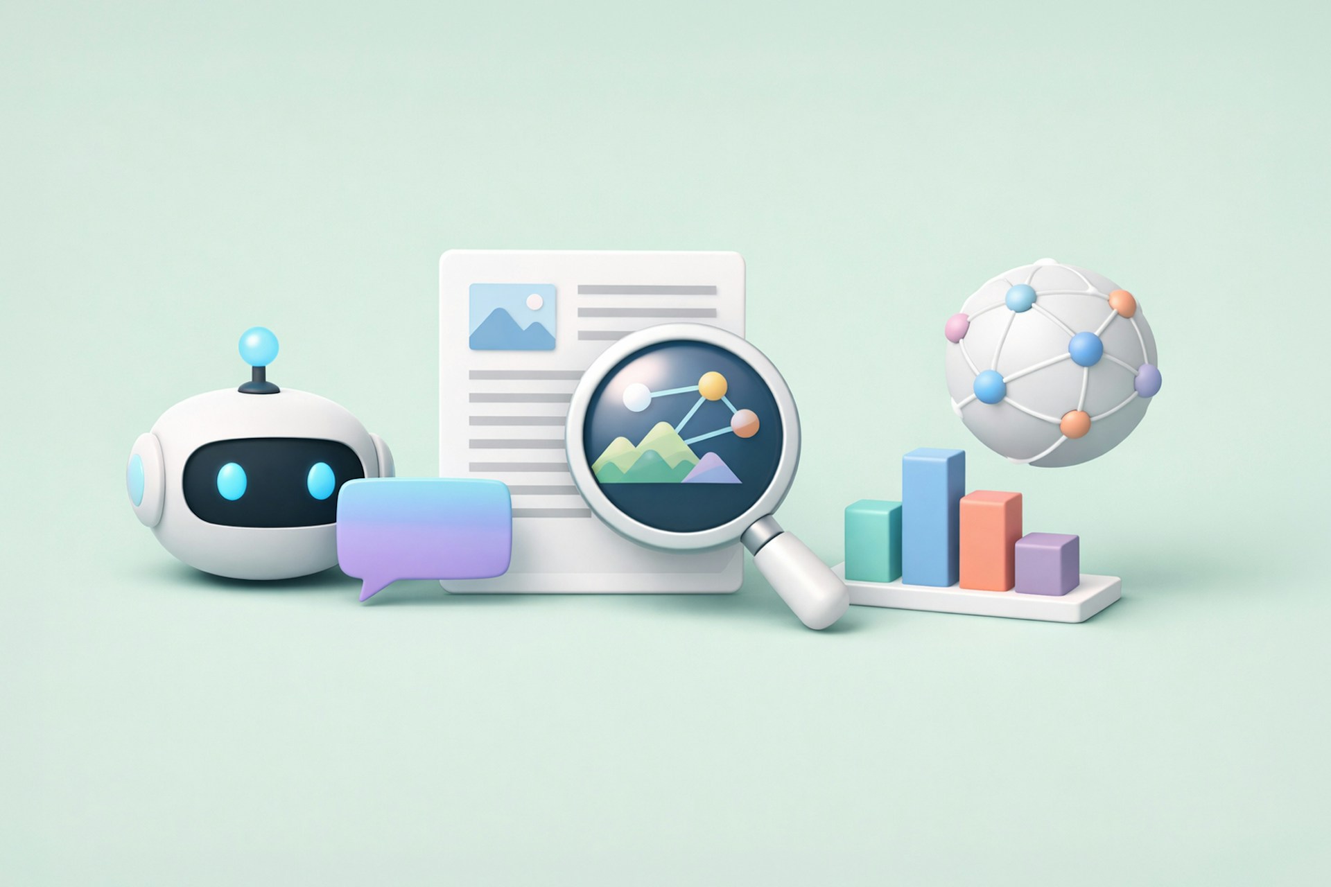 An AI Bot and some marketing analytics displayed as an abstract graphic.