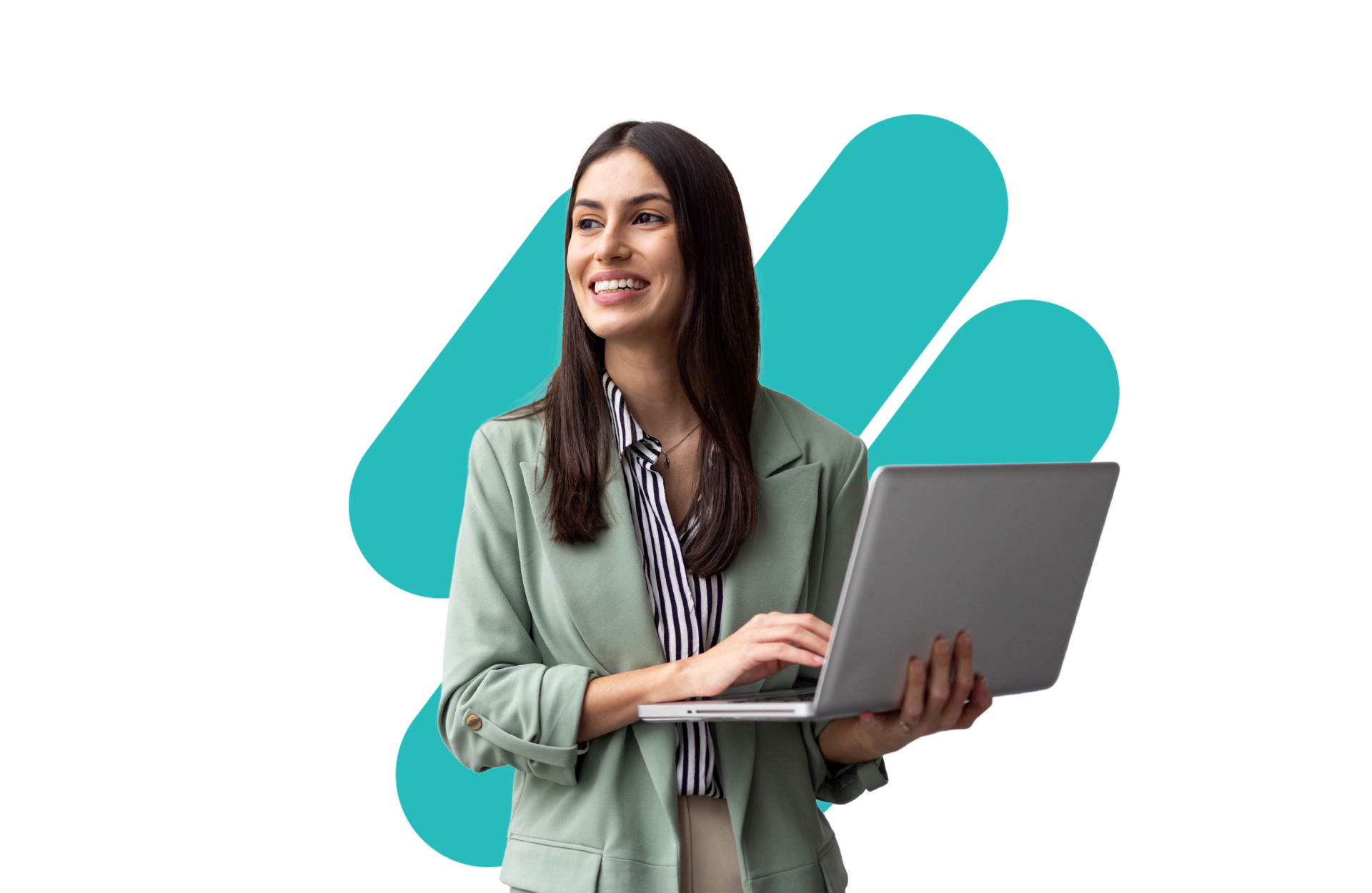 Lady wearing a suit holding a laptop 