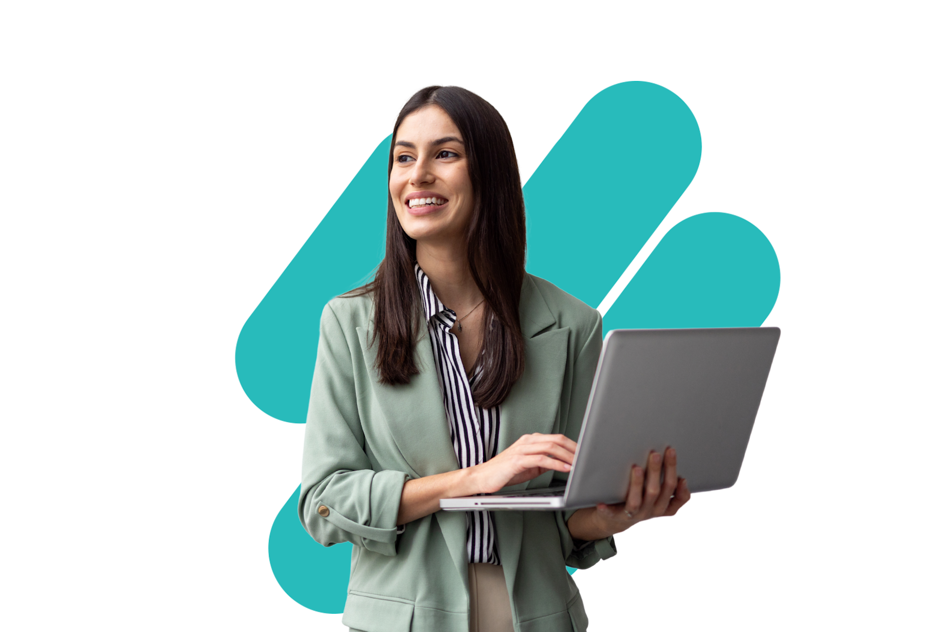 Lady wearing a suit holding a laptop