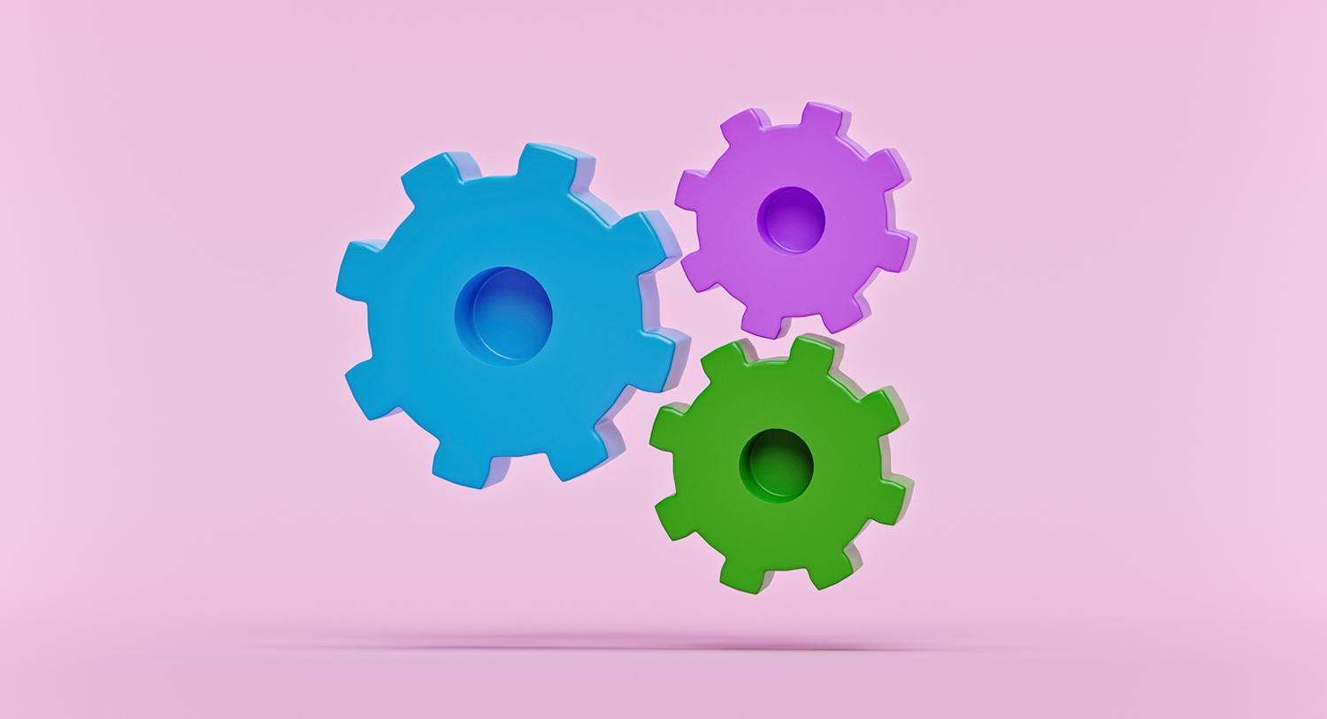 Green, blue, and purple gears float against a pink background in this image for a blog about marketing automation.